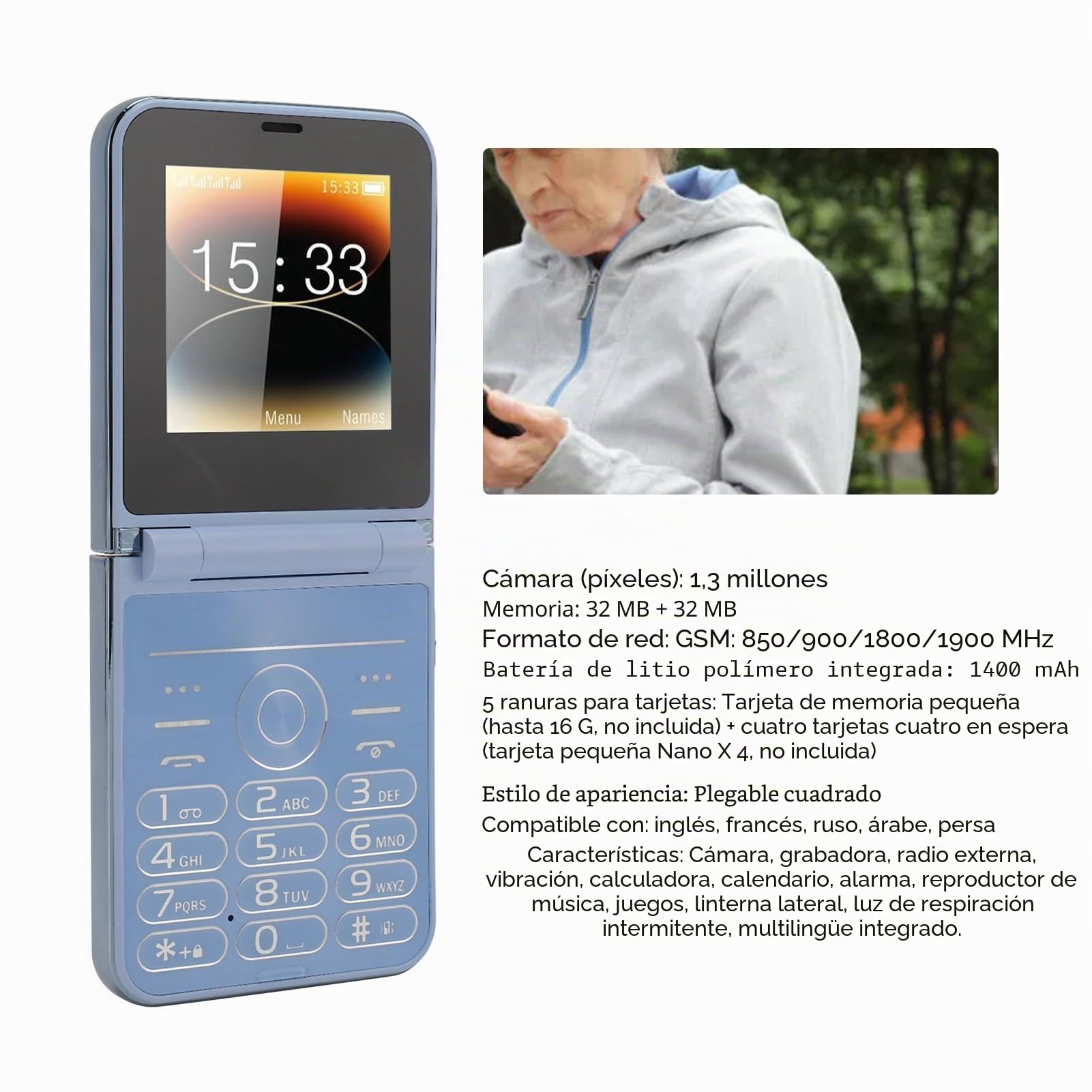 Bewinner Teléfono con Tapa Desbloqueado 2G para Mayores, Móvil con Botones Grandes y 4 SIM en Espera, Pantalla 2.6 Pulgadas (Azul)