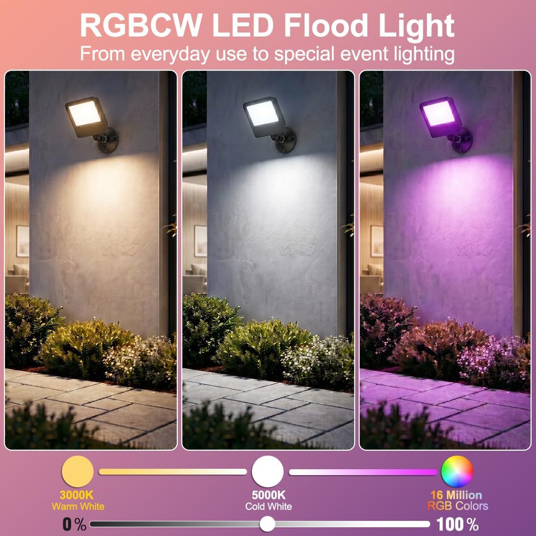 RGBCW LED Flood Light, Smart App/Voice/Remote Control, 4 Pack | 50W White Lighting, 5W RGB Colors, Work with Alexa, Apple Home, Google Home, 120-277V IP65, Adjustable Knuckle Mount