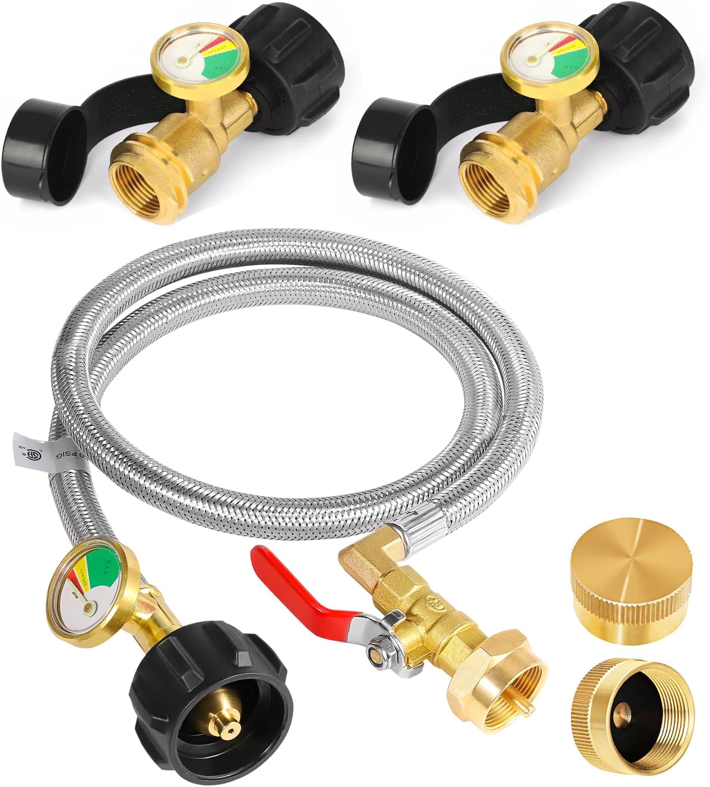 Propane Tank Gauge Level Indicator 2 Pack and 4 Feet Propane Refill Adapter Hose Stainless Steel, for BBQ Gas Grill, RV Camper Accessories, Heater, Propane Application, 2 Caps Included