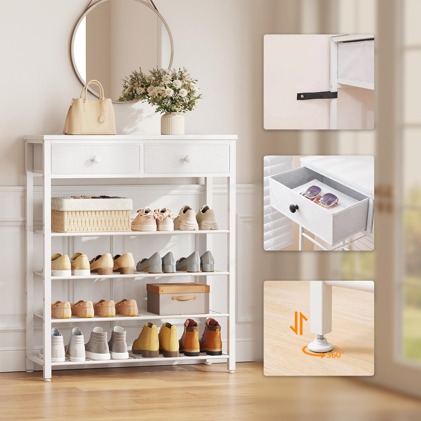 HOOBRO Zapatero con 2 Cajones y 4 Estantes de Rejilla, Mesa de Consola Estrecha para Recibidor, Estantería de 75 x 28 x 93 cm para Entrada, Sala de Estar, Balcón, Blanco EWW178XJ01