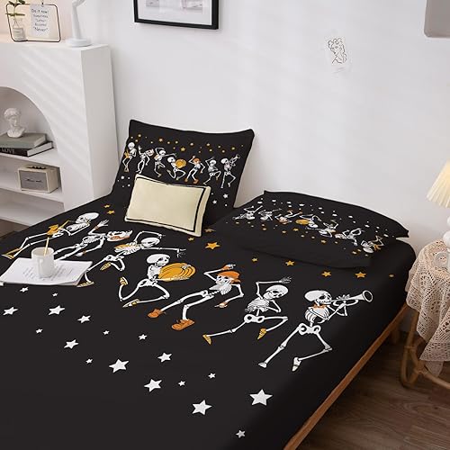 Miniatura 118 de Sábanas de Halloween tamaño individual – Juego de sábanas espeluznantes de calabaza murciélago para niños y niñas, juego de sábanas temáticas