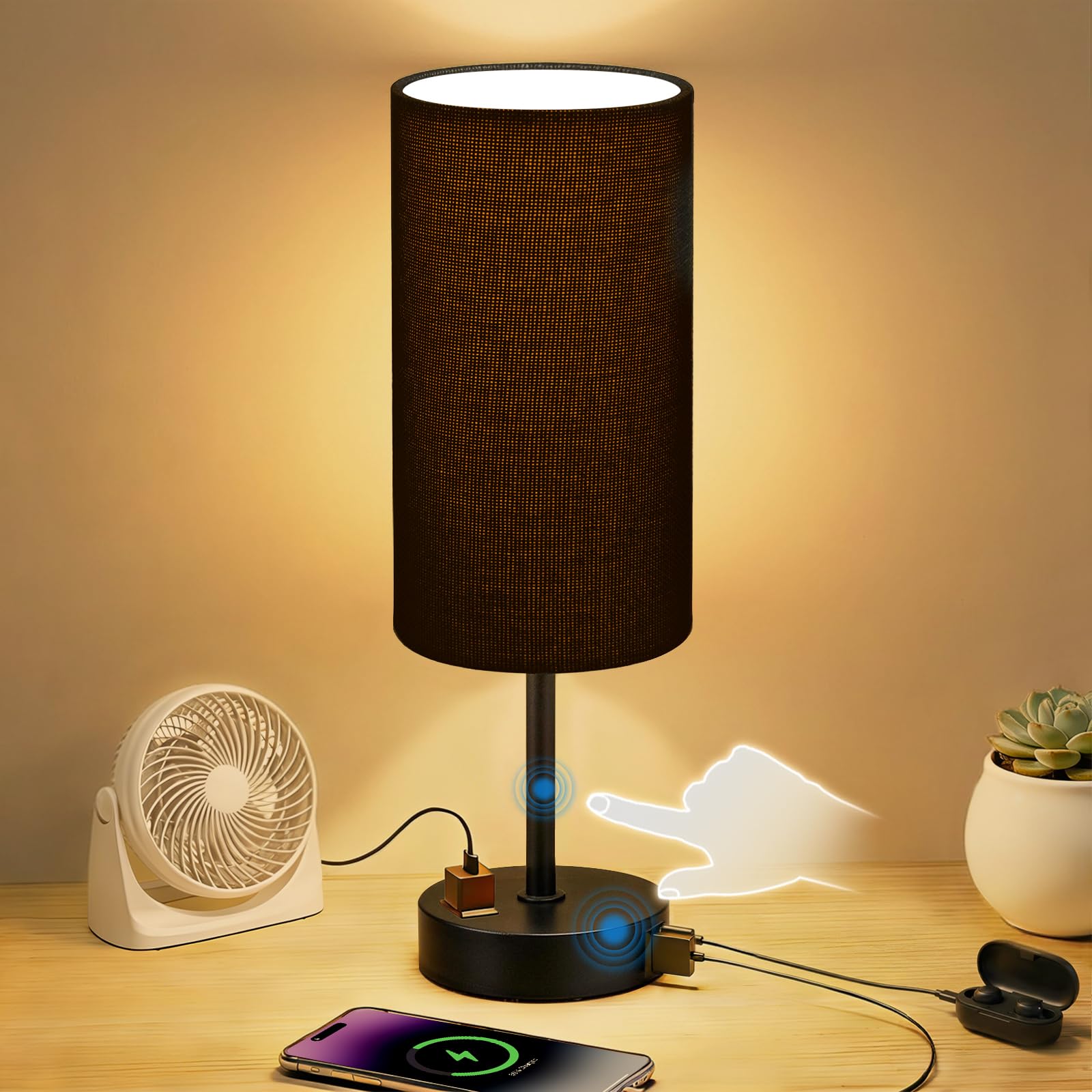 Photo 1 of Fitfull Dimmable Bedside Table Lamp with AC Outlet and USB Ports, Black