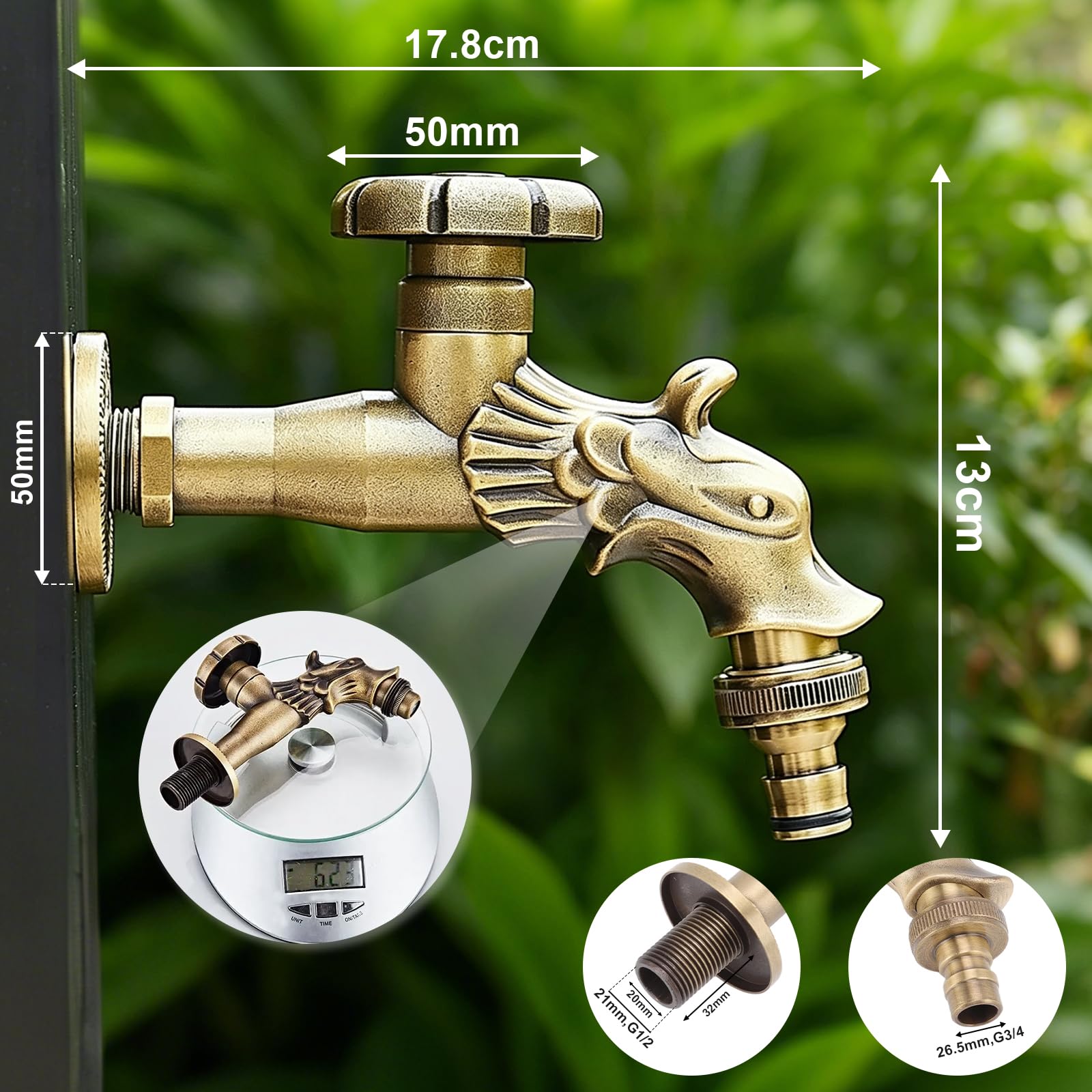 Grifo de agua de latón, Grifo vintage grabado montado en la pared G1/2 para baño y cocina, Fácil instalación, Material de cobre, Grifo de fregadero para jardín y lavandería
