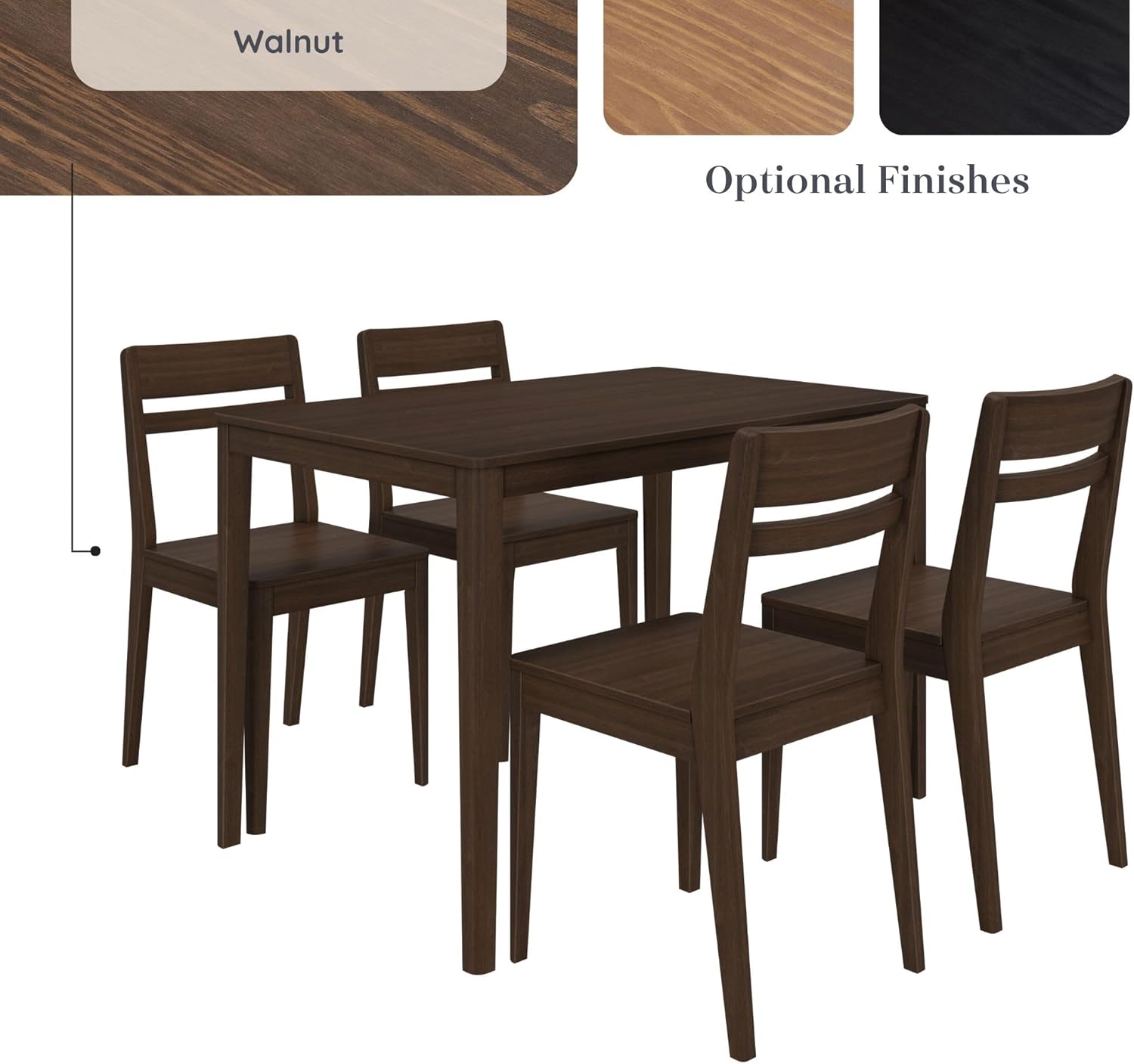 Grain & Grove Crew 5-Piece Dining Set – Solid Wood 43” Rectangular Table and 4 Chairs, Seats 4, Small Kitchen or Dining Room Set, Easy Assembly, Walnut