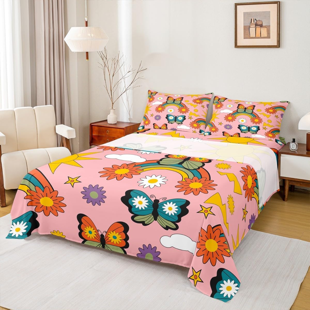 Vintage Groovy Flower Bed Sheets Set Cute Rainbow Butterfly Sun Moon Sheet Set Retro Floral Boho Pink Sheets with Deep Pocket Fitted Sheet for Bed oom Decor Bedding Set Queen Size with 2 Pillow Case