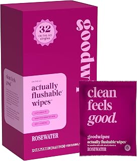 Goodwipes Flushable Rosewater Butt Wipes - Extra Large Individually Wrapped Wipes for Adults, Sewer & Septic Safe, Travel Essential - 32 Count