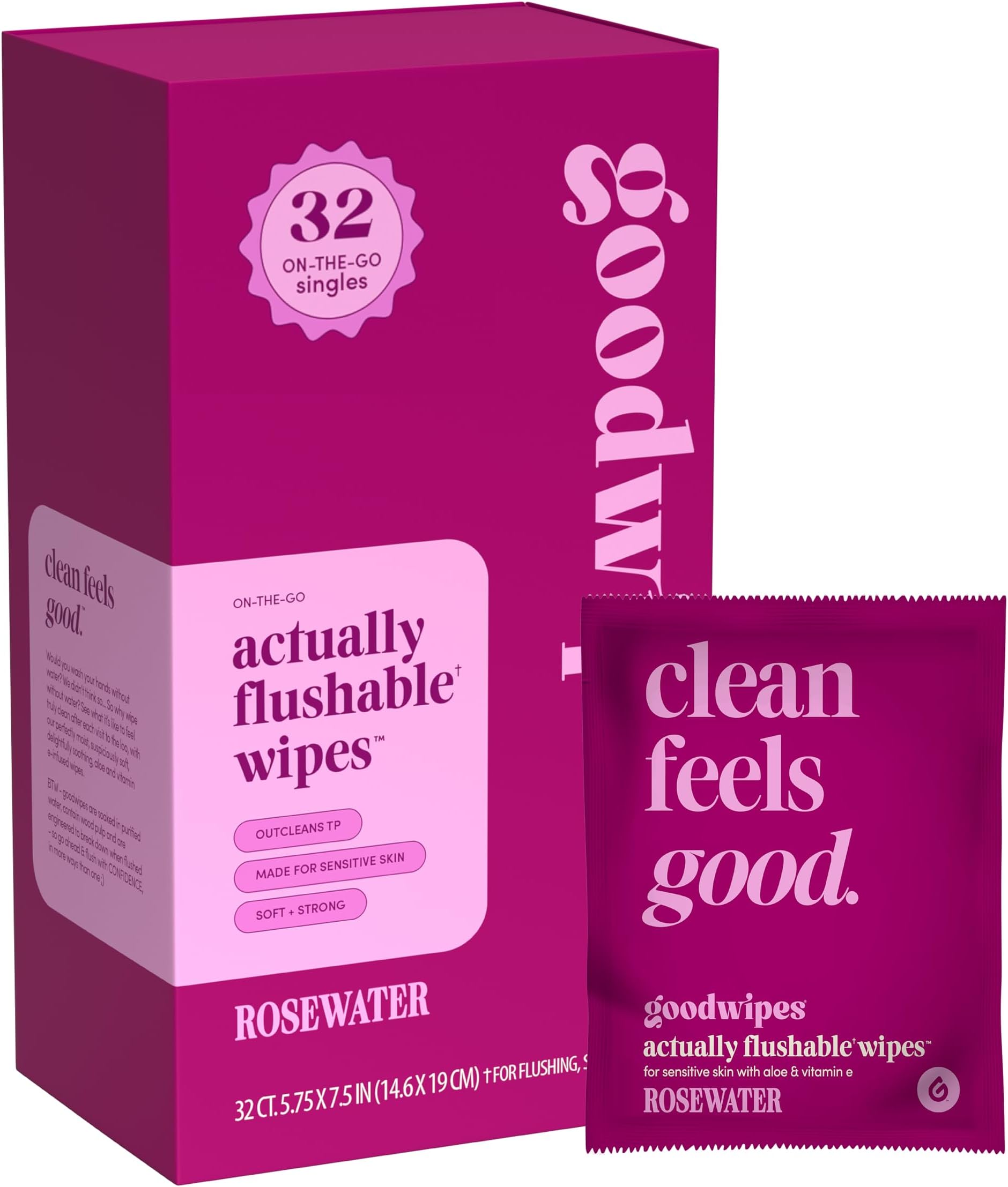 goodwipes Flushable Wipes - Individually Wrapped Butt Wipe for On-the-Go Adults - Portable Mini Wipes - Travel Essentials - Sewer & Septic Safe - Rosewater, 32 Count (1 Pack)
