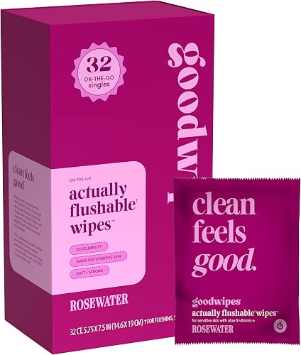 goodwipes Flushable Butt Wipes – Soothing Botanicals & Aloe – Soft & Gentle Individually Wrapped Wet Wipes for On-the-Go & Travel Use – Largest Adult Toilet Wipes – Rosewater, 1 pack, 32 count