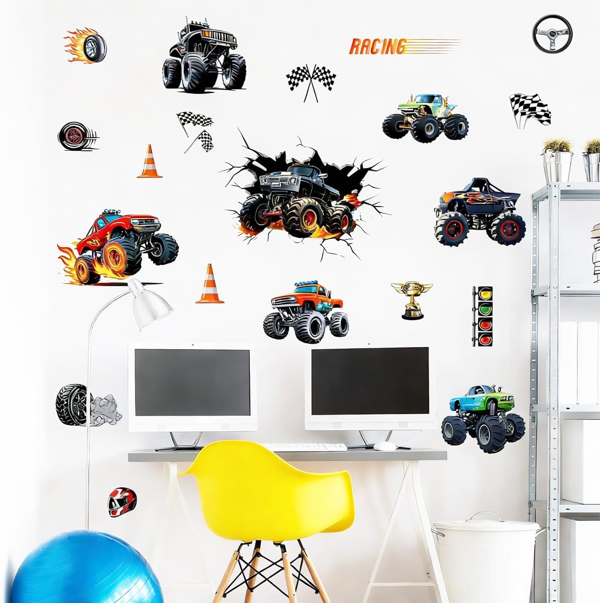 3D Off-Road Truck Wall Decals, 7 Large Racing Cars Stickers for Boys Bedroom, Teens Room and Playroom, Peel and Stick Decor