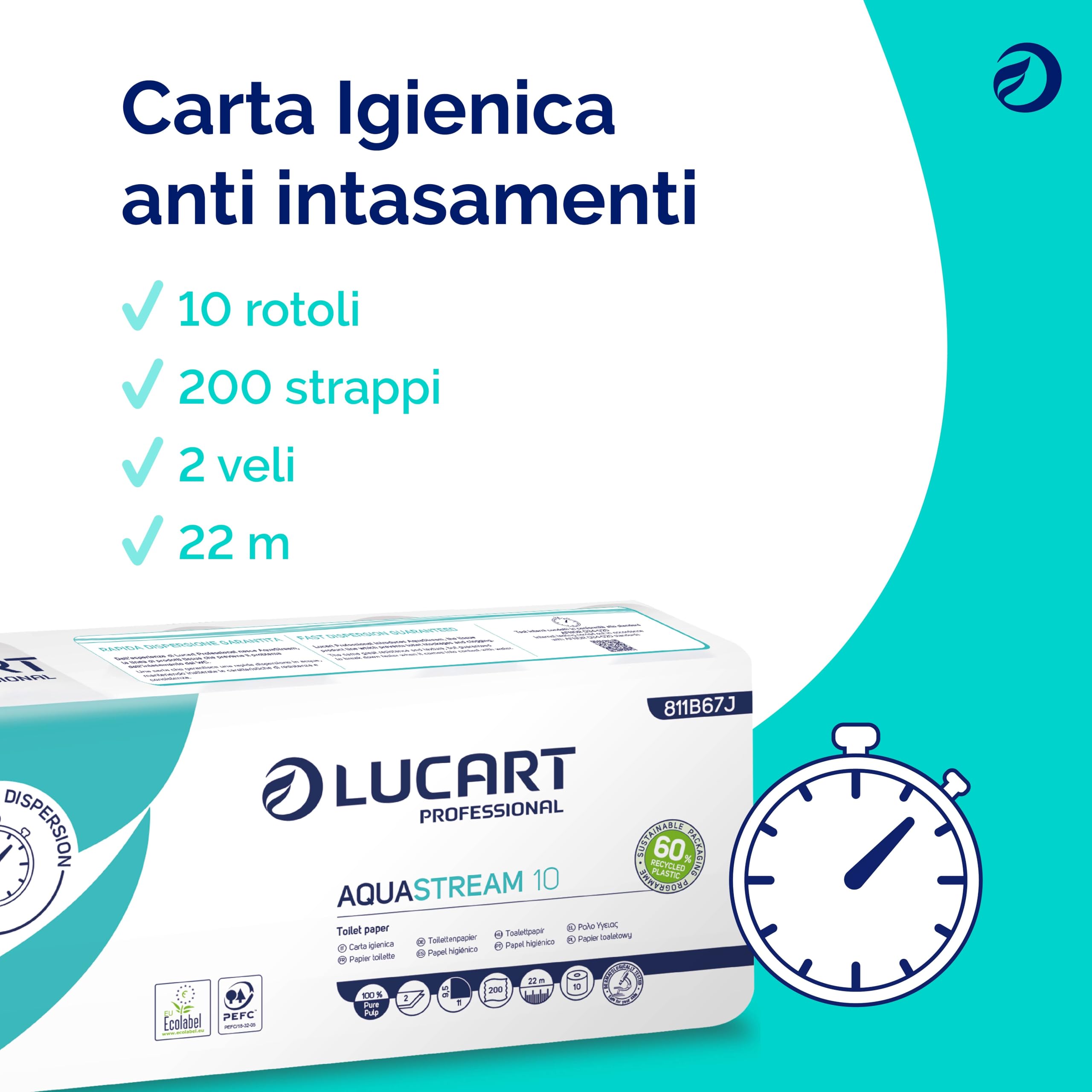 Lucart Professional, AquaStream 10, Carta Igienica a Rotolo ad alta dissolvenza in pura cellulosa, 10 Rotoli da 200 strappi per confezione, 9,5x11 cm (L'imballaggio può variare)