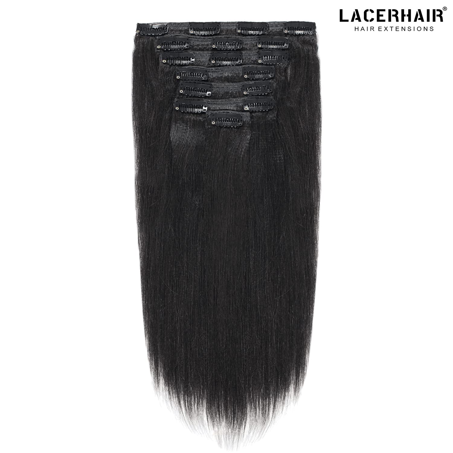 Lacer Yaki Straight Clip in Hair Extensions, Jet Black Yaki Human Hair Clip ins 20 inch 7 Pieces Per Set 120 Gram For Black Women with Relaxed Hair