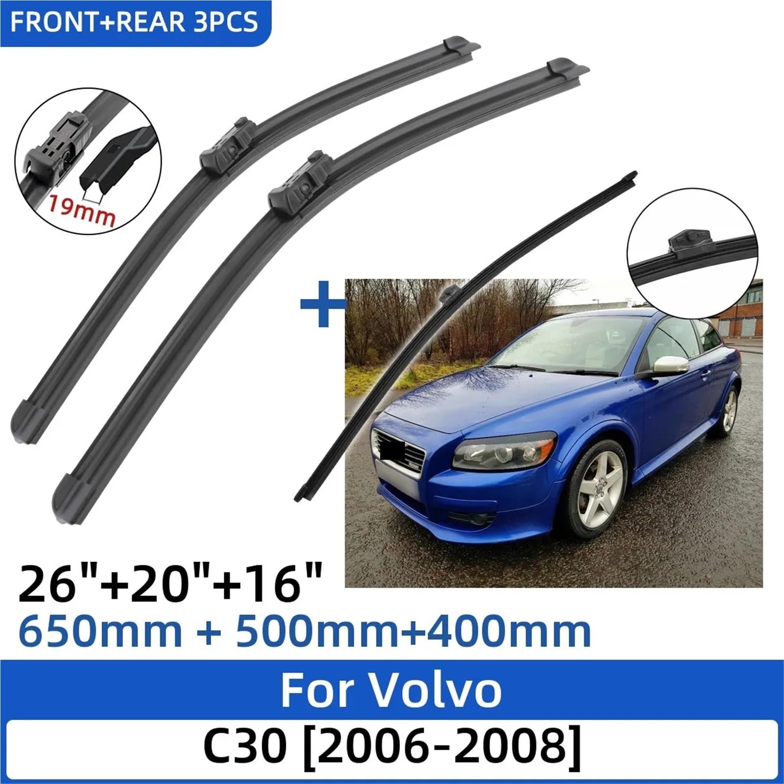 Delanteras Y Traseras Limpiaparabrisas Escobillas limpiaparabrisas delanteras y traseras de 26" + 20" + 16" compatibles con Volvo C30 (2006-2008), 3 unidades. Limpiaparabrisas Frontal