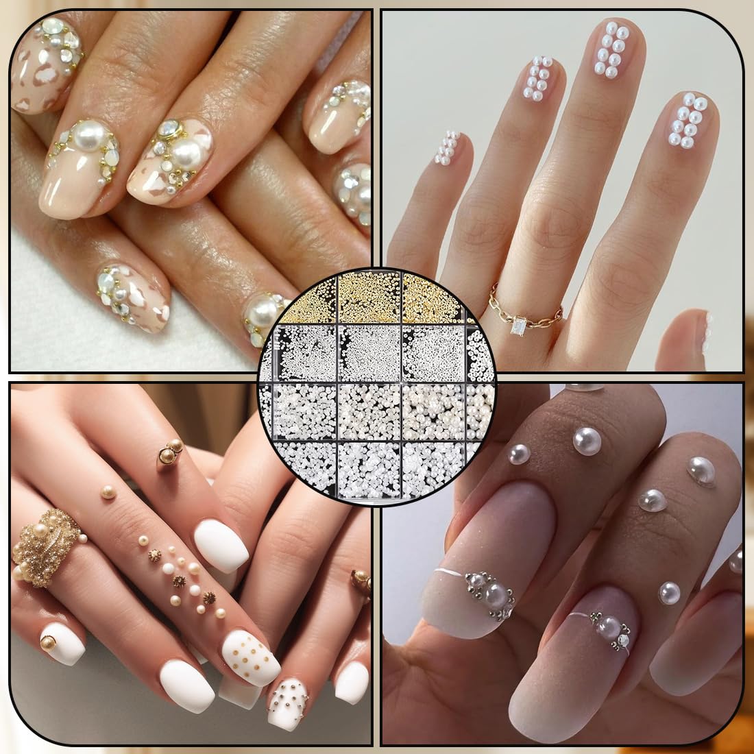 1 boîte Perles plates dorées et argentées pour ongles, Strass ongle, Perles à ongles demi-rondes blanches et beiges, Deco ongle nail art pour décoration d'ongles DIY