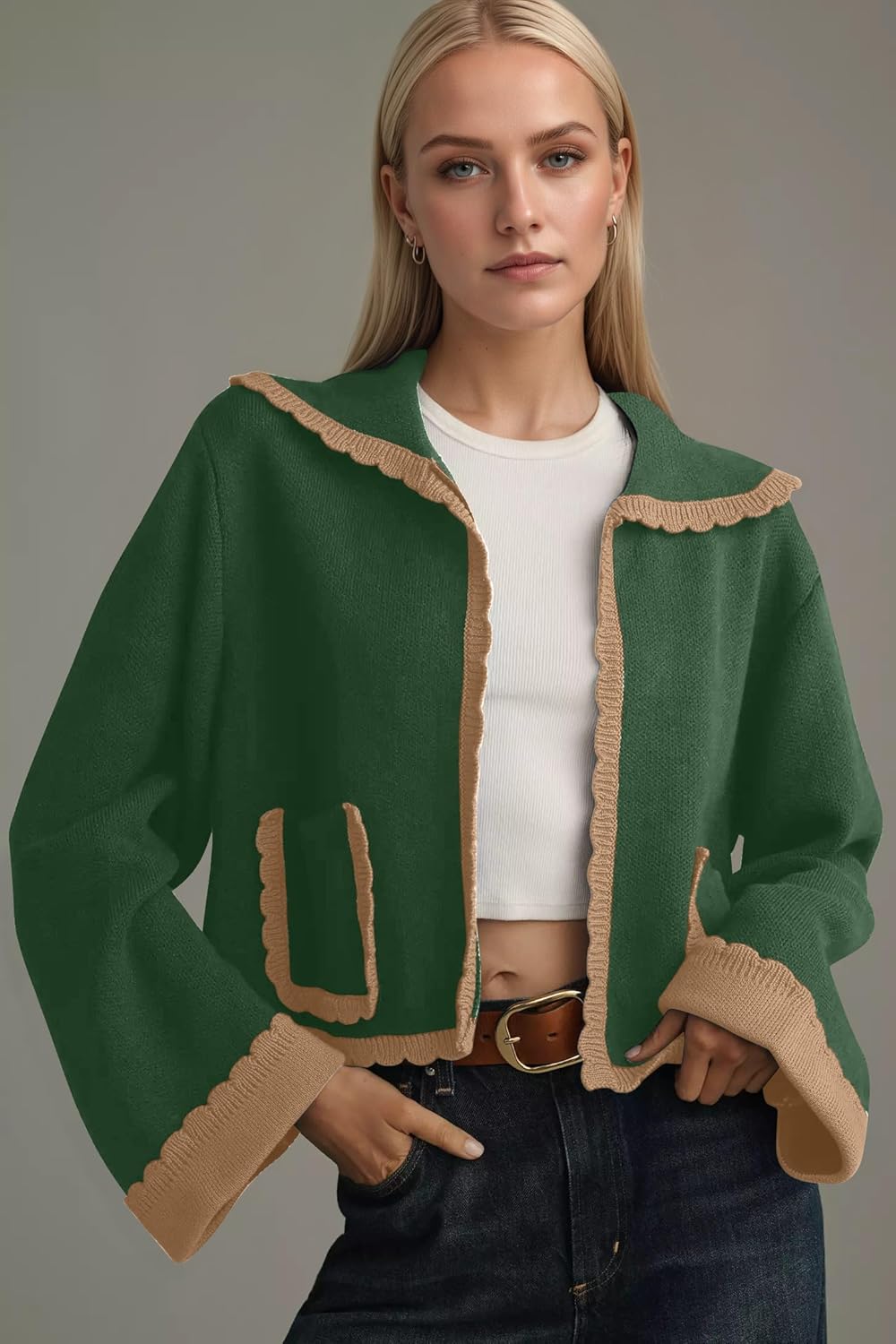 Ythomm Womens Scallop Lapel Collar Knit Cardigan Sweaters Color Block Long Bell Sleeve Open Front Fall Sweaters with Pockets - Image 2