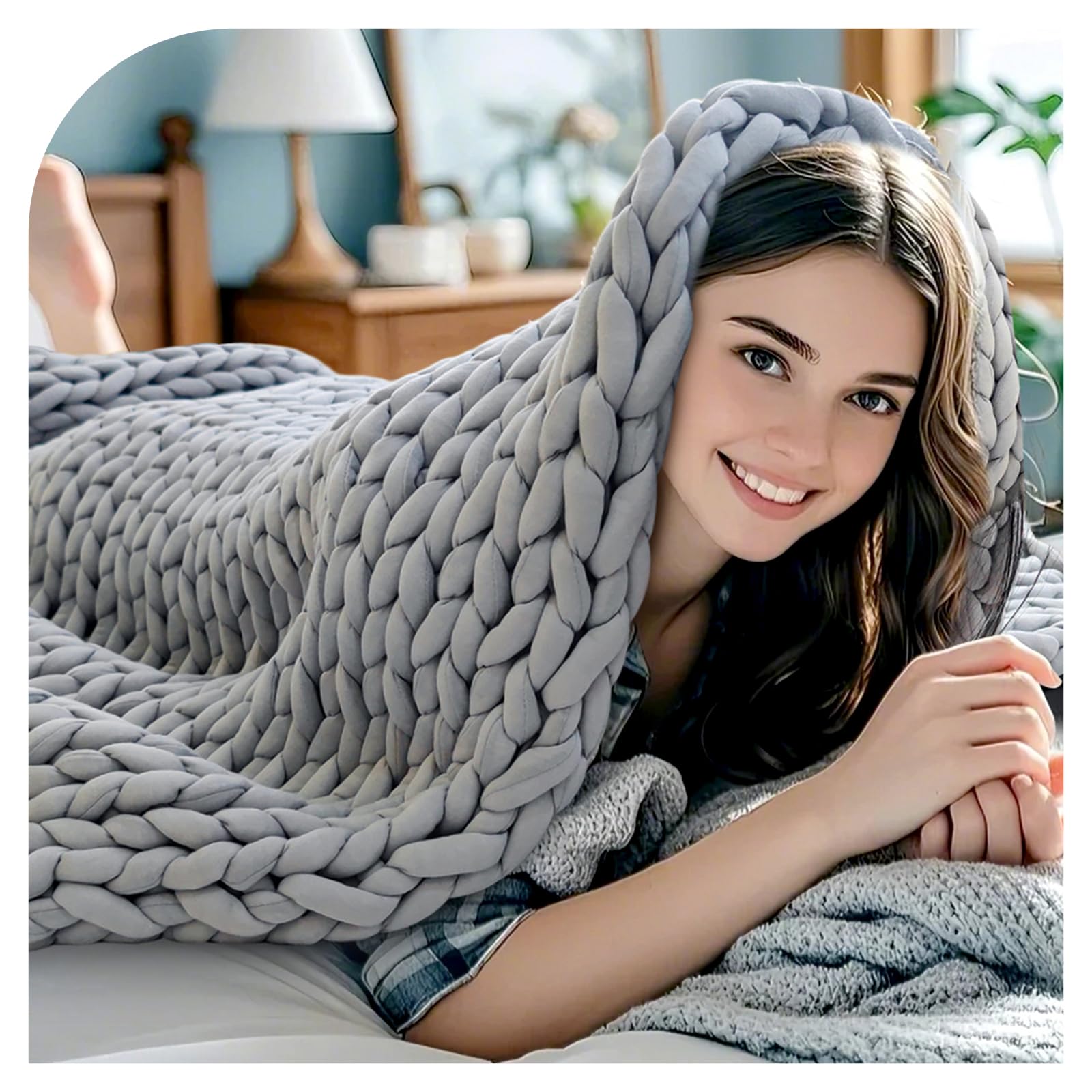 Handgestrickte gewichtete Decke für Erwachsene, Geschenke für Geburtstagsgeschenke für Frauen, Grobstrickdecke, kühlend, atmungsaktiv, nachhaltig, maschinenwaschbar, Bio-Baumwolle (Moonlight