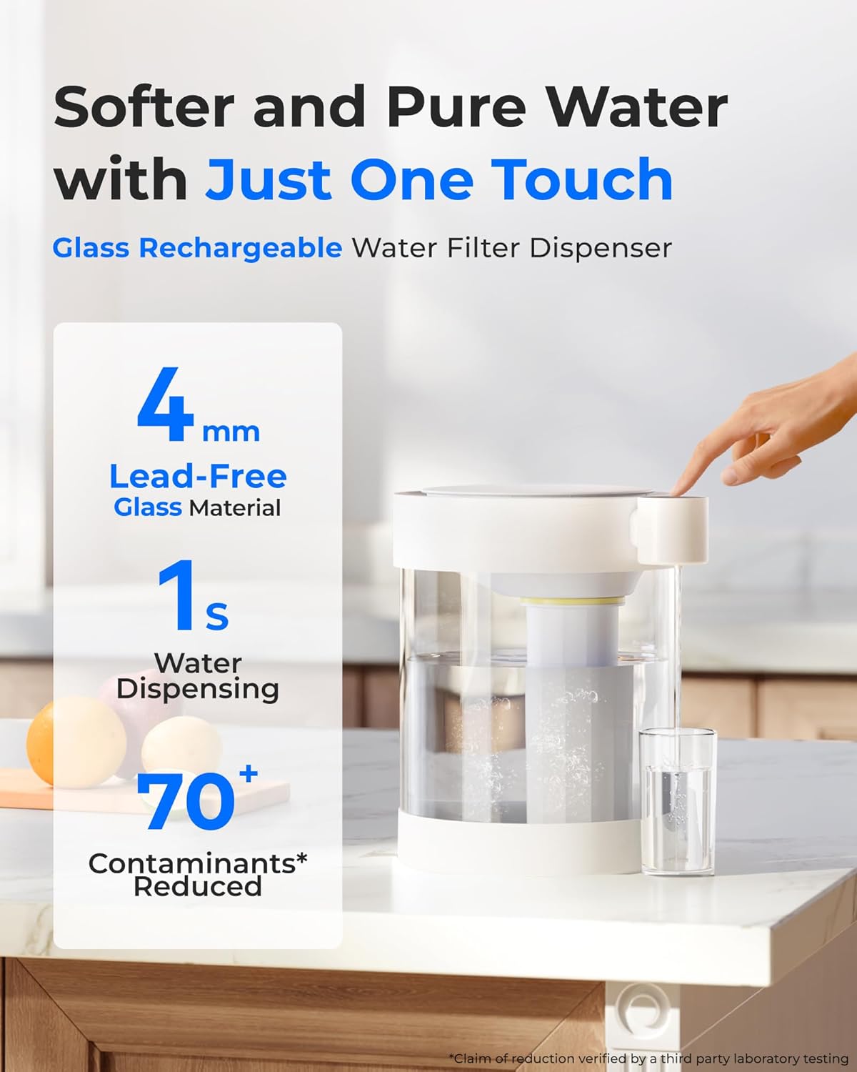 Waterdrop Glass Large 22-Cup Rechargeable Water Filter Dispenser, Reduce 70+ Contaminants, Instant Eco-Friendly Countertop Water Filter System, 5-Stage Soften Water Pitcher, with 1 Filter - Image 2