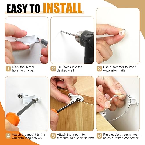 Miniatura 4 de Paquete de 6 anclajes para muebles a prueba de bebés, kit de seguridad con correas antipunta para evitar que el tocador, estantería, armario se