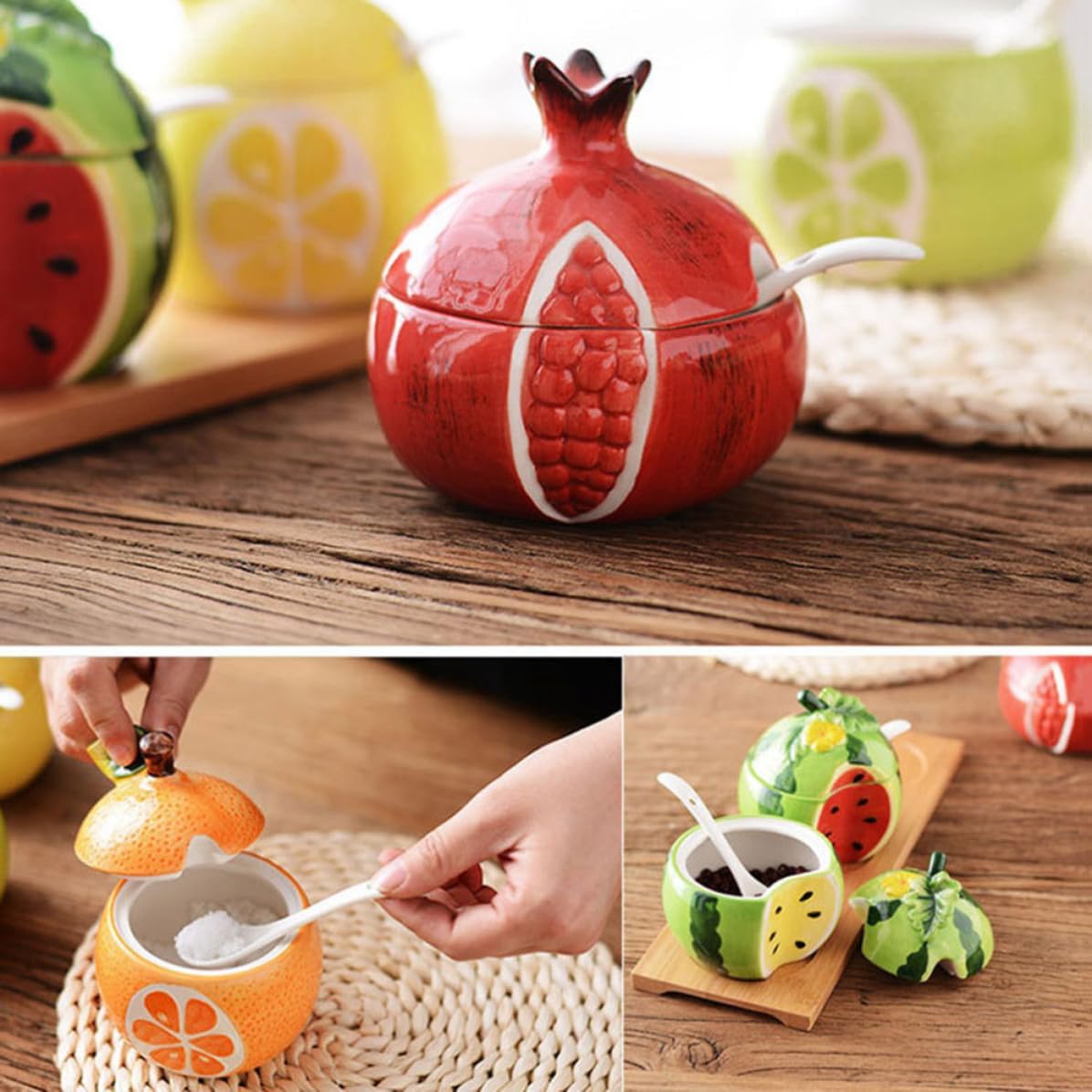 INOOMP Ceramic Condiment Pot Fruit Shaped Red with Lid and Spoon