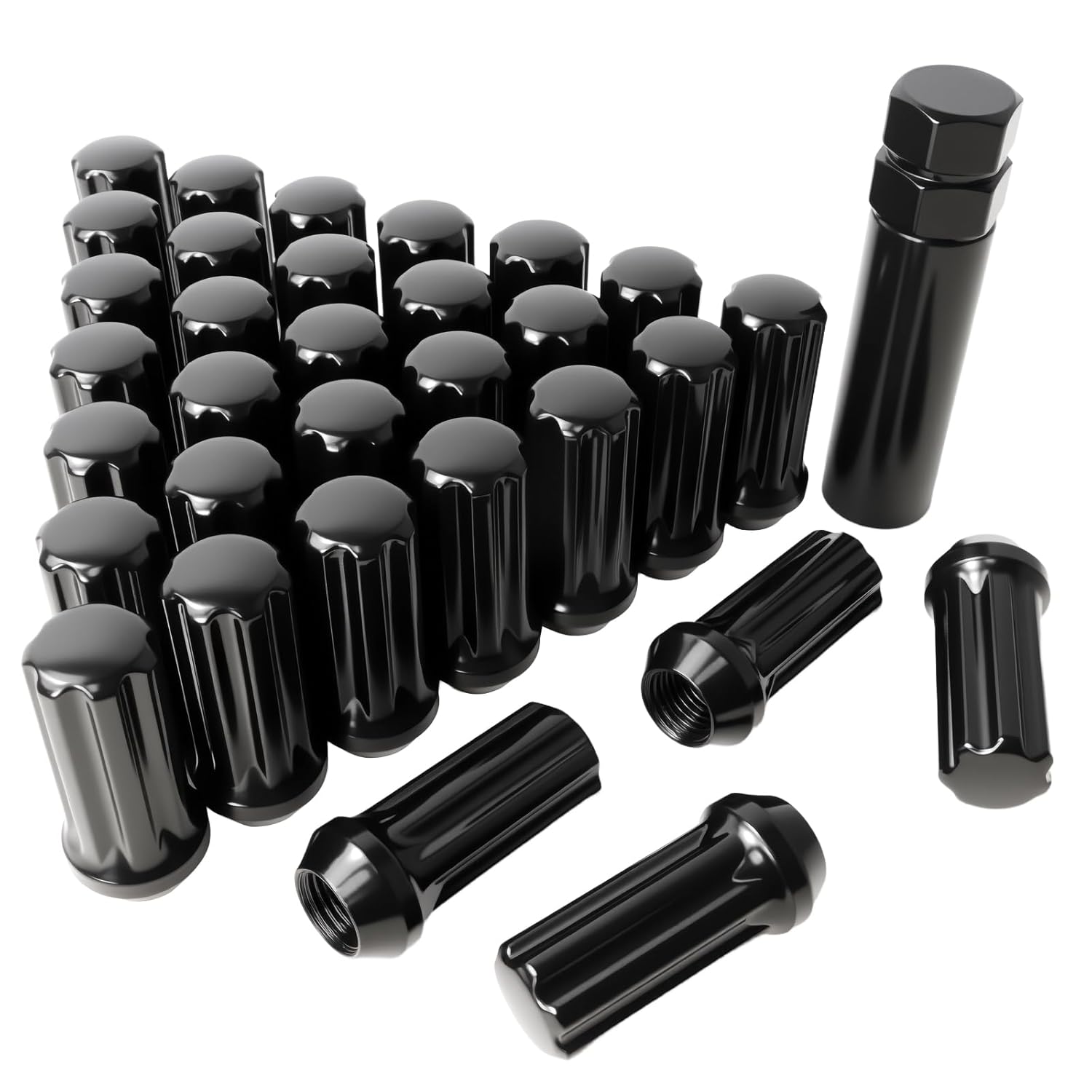 M14x1.5 Lug Nuts, Conical/Cone Bulge Seat, Closed End Long Extended XL Spline with 1 Socket Key， Wheel Lug Nuts for Aftermarket Wheels (32Pcs,Black)