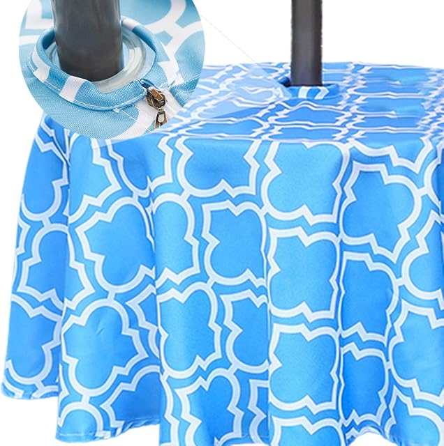 Eternal Beauty 152cm Round Blue Plaid Indoor Outdoor Splashproof Tablecloth with Umbrella Hole and Zipper for Patio Garden Party and BBQ60 Inch