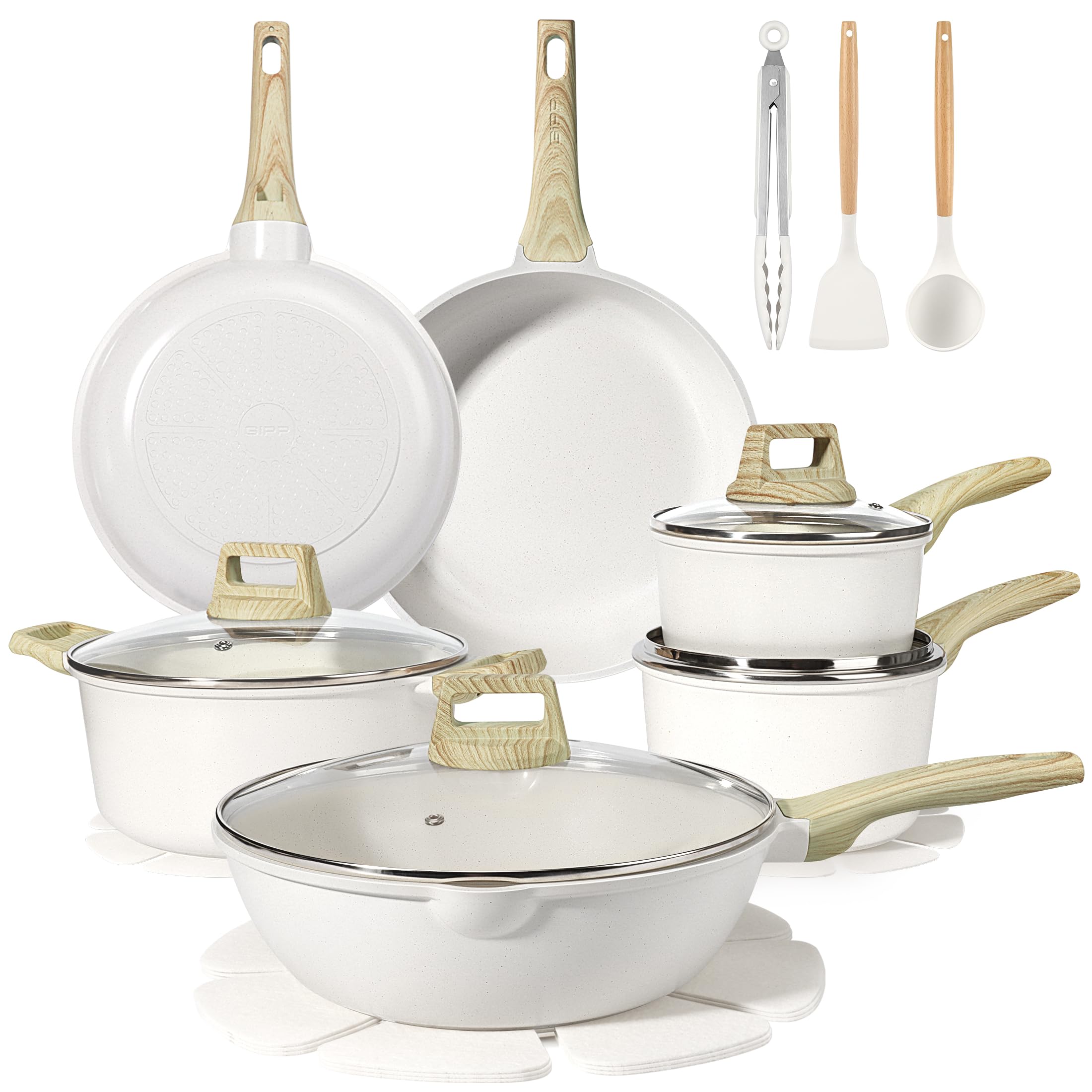 GiPP 18PCS Pots and Pans Set with Granite Non-Stick Coating,Induction Frying Pans Set, Kitchen Cookware Set, Non-Toxic Cooking Pan & Pot Sets for All Hob Types(White,18PCS)