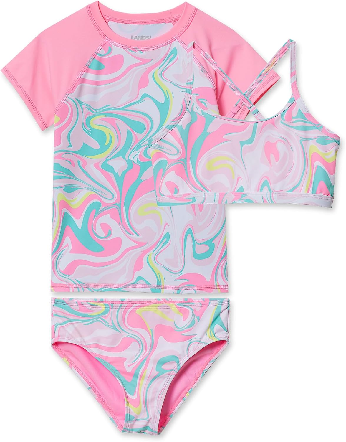 Lands' End Girls Slim Chlorine Resistant Short Sleeve Rash Guard Swim Top and Bikini Set