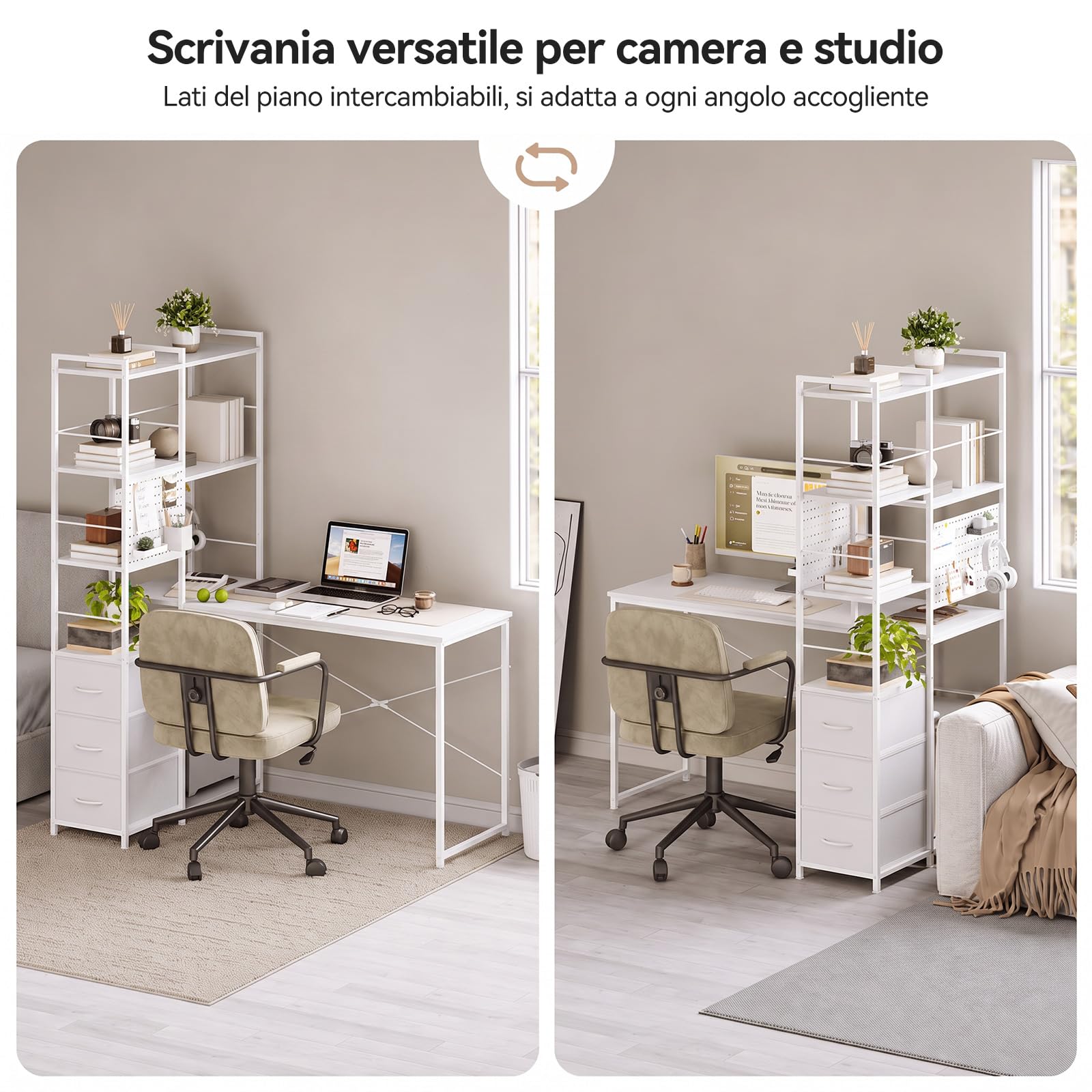 Coleshome Scrivania angolare con libreria, cassetti e supporto PC, Bianco