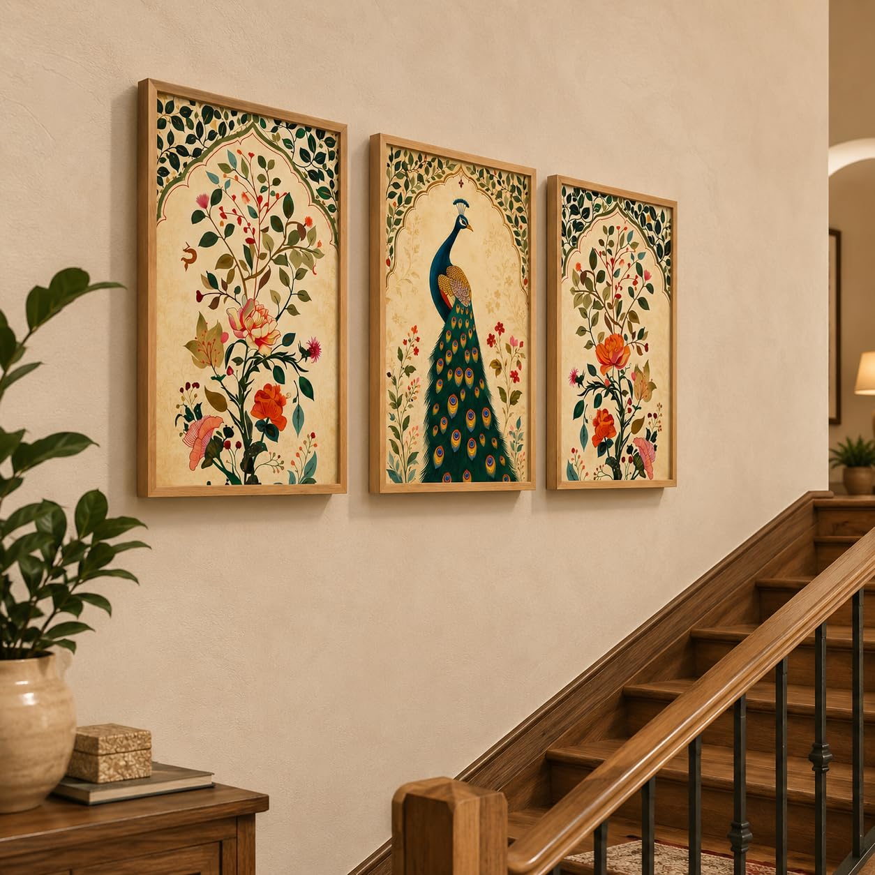 Livin'luxe Peacock Wall Art Set - 3 Floral Paintings -4