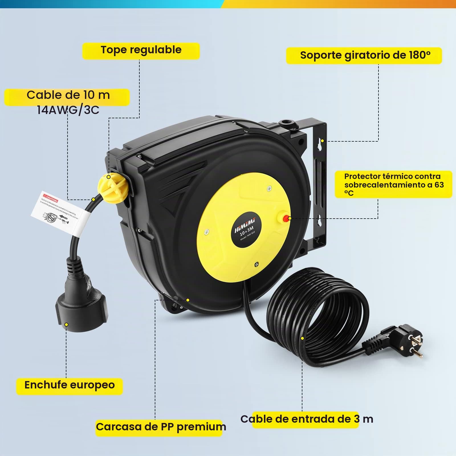 Enrollador de cable automático profesional 10 m + 3 m | Enrollador retráctil montado pared y techo | 1250 W ~ 2000 W | carretes de cable automática | Giratorio 180° | Para interiores y exteriores
