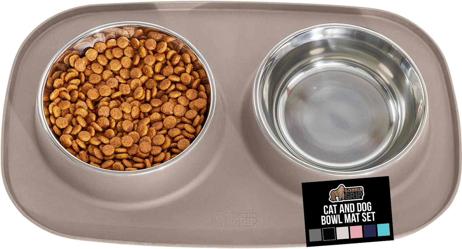GORILLA GRIP Feeding Mat Set, Patent Pending 100% Waterproof BPA Free Silicone, Stainless Steel Cat and Dog Bowls, Slip Resistant, High Edges Catch Water Food, US Designed Pet Accessories, 2 Cup Beige