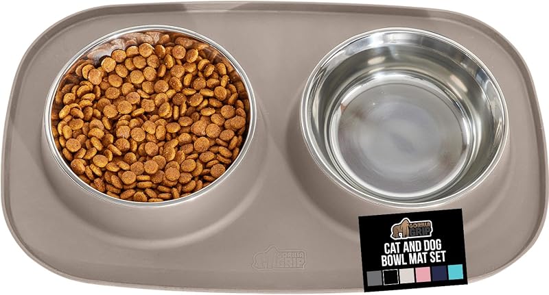 Pote para Gatos em Aço Inoxidável 304 com Tapete de Silicone Antiderrapante GORILLA GRIP Bege — 1 xícara