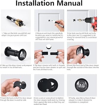 Door Viewer, Solid Brass 220 Degree Peephole, Wide Angle Door Spy Hole, Security Spy Hole for Front Door, Peep Holes for 35-60mm Thick Doors Peephole, Peep Hole, Door Spyhole for Safety,Black