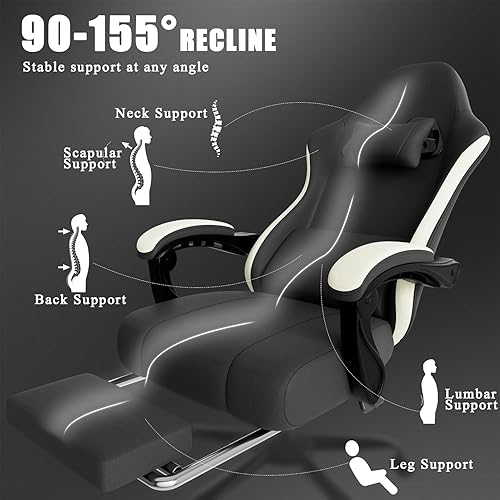 Miniatura 12 de Silla ergonómica para videojuegos, silla de videojuegos con soporte lumbar de masaje y reposapiés, silla de computadora de tela ajustable en altura