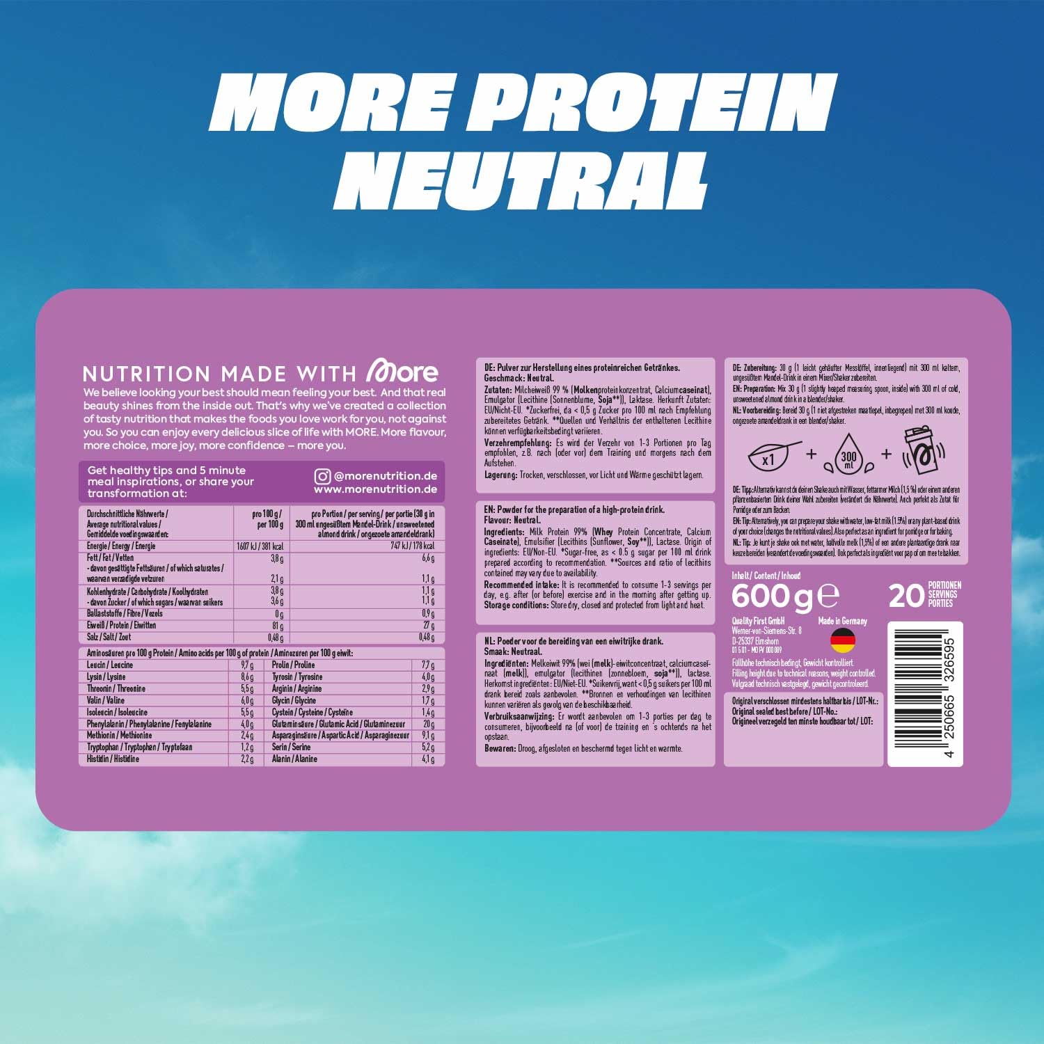 More Protein Whey Casein Protein Pulver, Neutral, 2 x 600 g, 1.2 kg, 40 Portionen - mit Laktase
