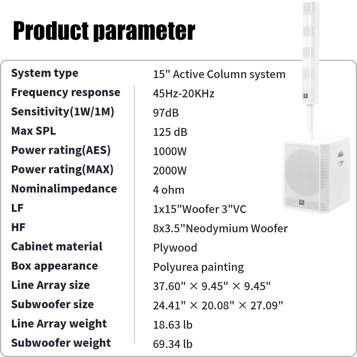 EXOTON S-1503W Portable Line Array Column PA/DJ System with 15" Powered Subwoofer, 2000W Professional System, 125dB