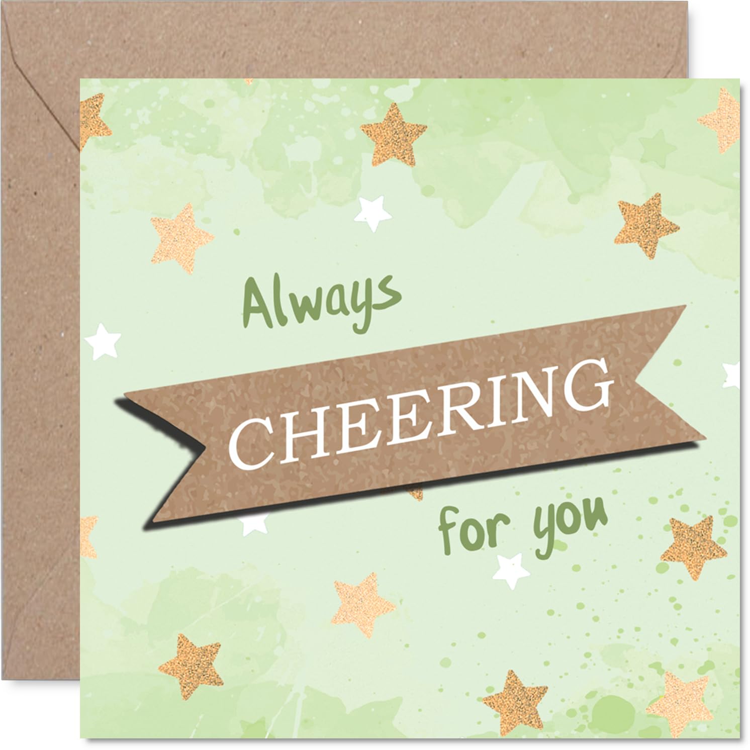 Supportive Good Luck Card - Stars and Uplifting Cheer - Motivational Gold and Green Design - Encourages with a Heartfelt Boost - 145mm Square, Envelope Included