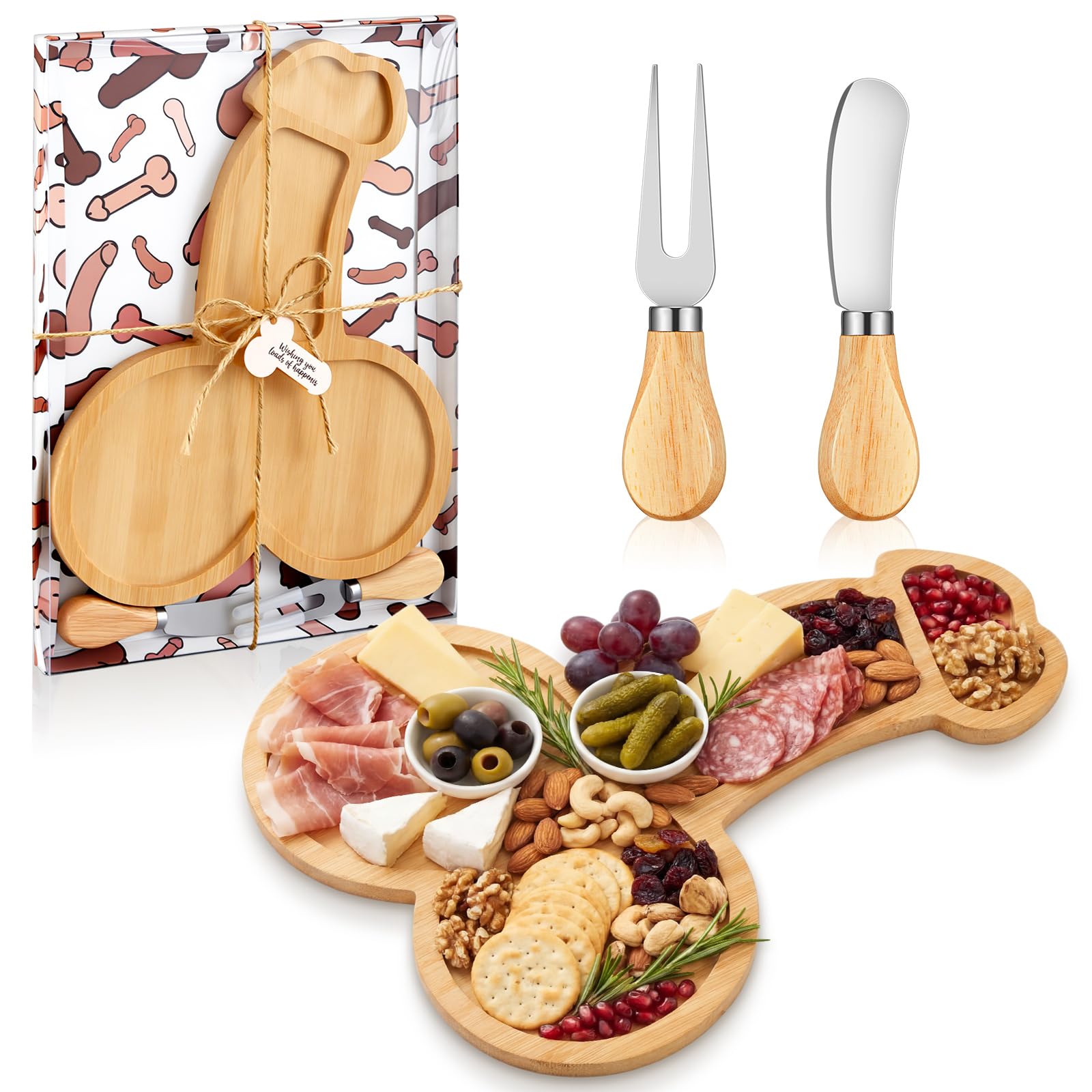 Patelai Funny Bamboo Charcuterie Board Gift Set with Cheese Knife, Fork and Gift Box, Novelty Cheese Cutting Board Serving Tray for Bachelor Bachelorette Party, Bridal Shower, Birthday