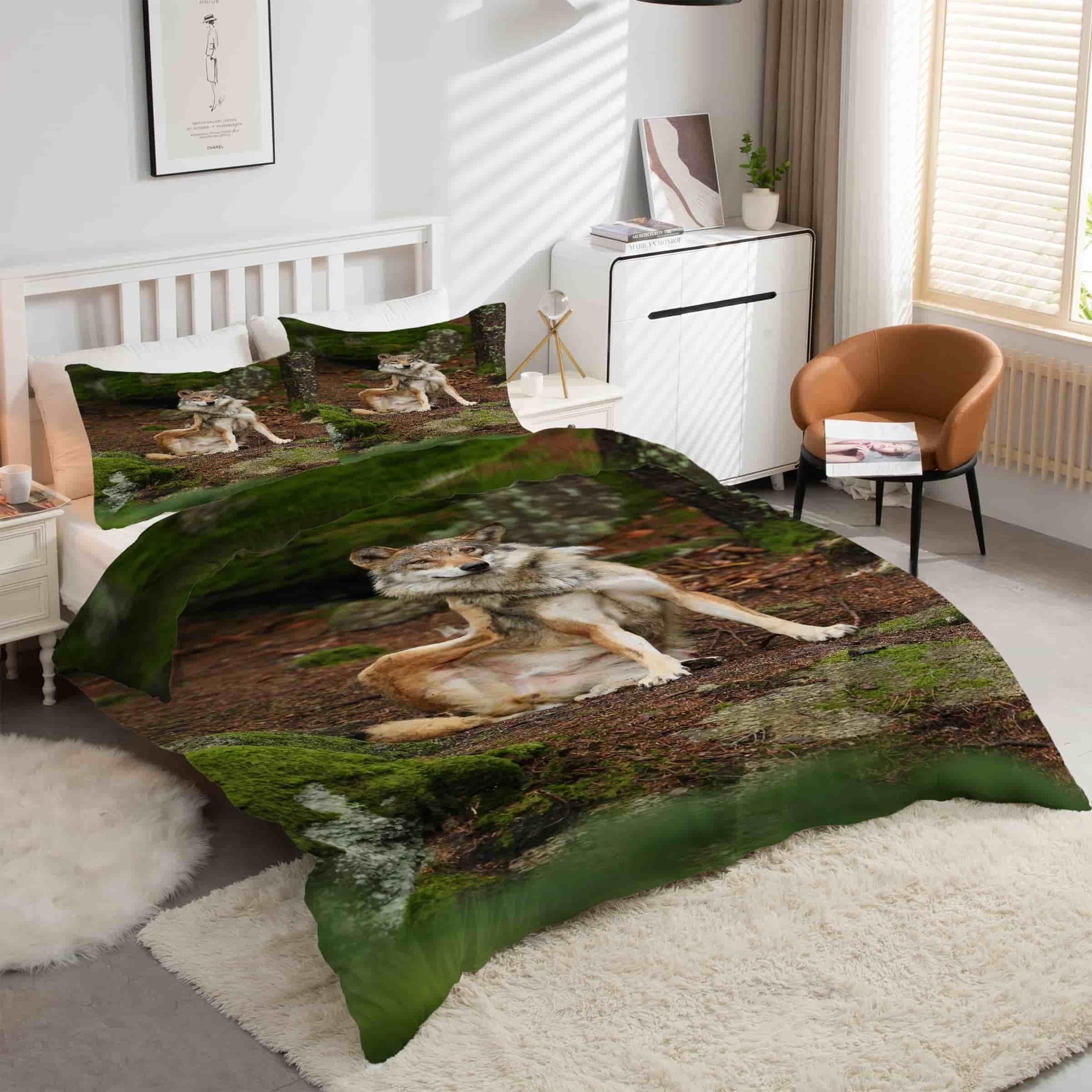 Housse de couette 160x200 loup gris parure lit 3 pièces microfibre zippée