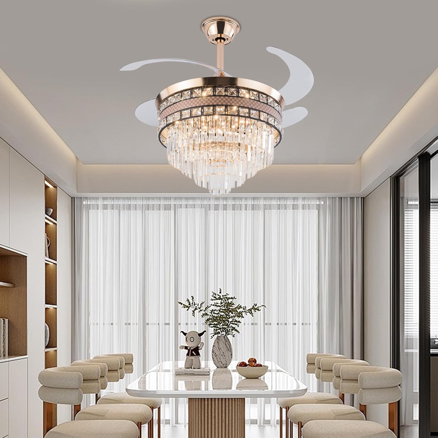 42-inch Ceiling Fan with Lights – Coffee Bronze, Retractable Blades, 6-Speed, 3-Color Dimmable, Remote & Timer, Wide Voltage 85-265V, Modern Crystal Fan for Living Room Bedroom