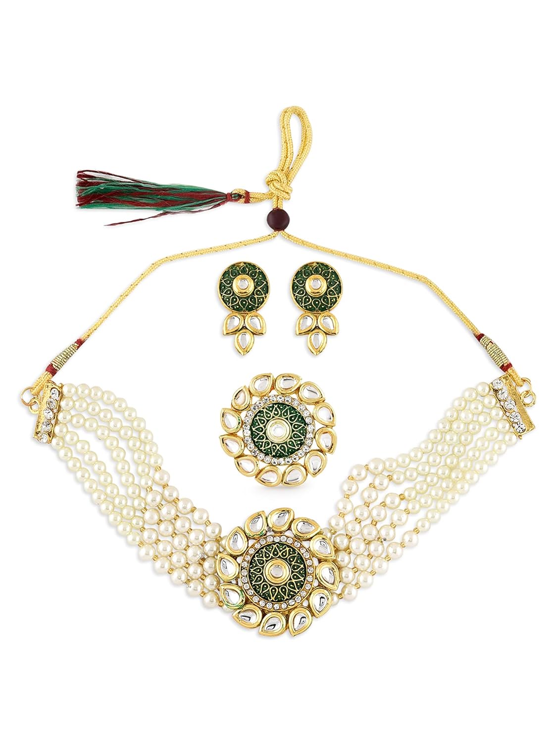ZAVERI PEARLS Green Enamel Multistrand Kundan Choker Necklace Earring & Ring Set For Women-ZPFK10785