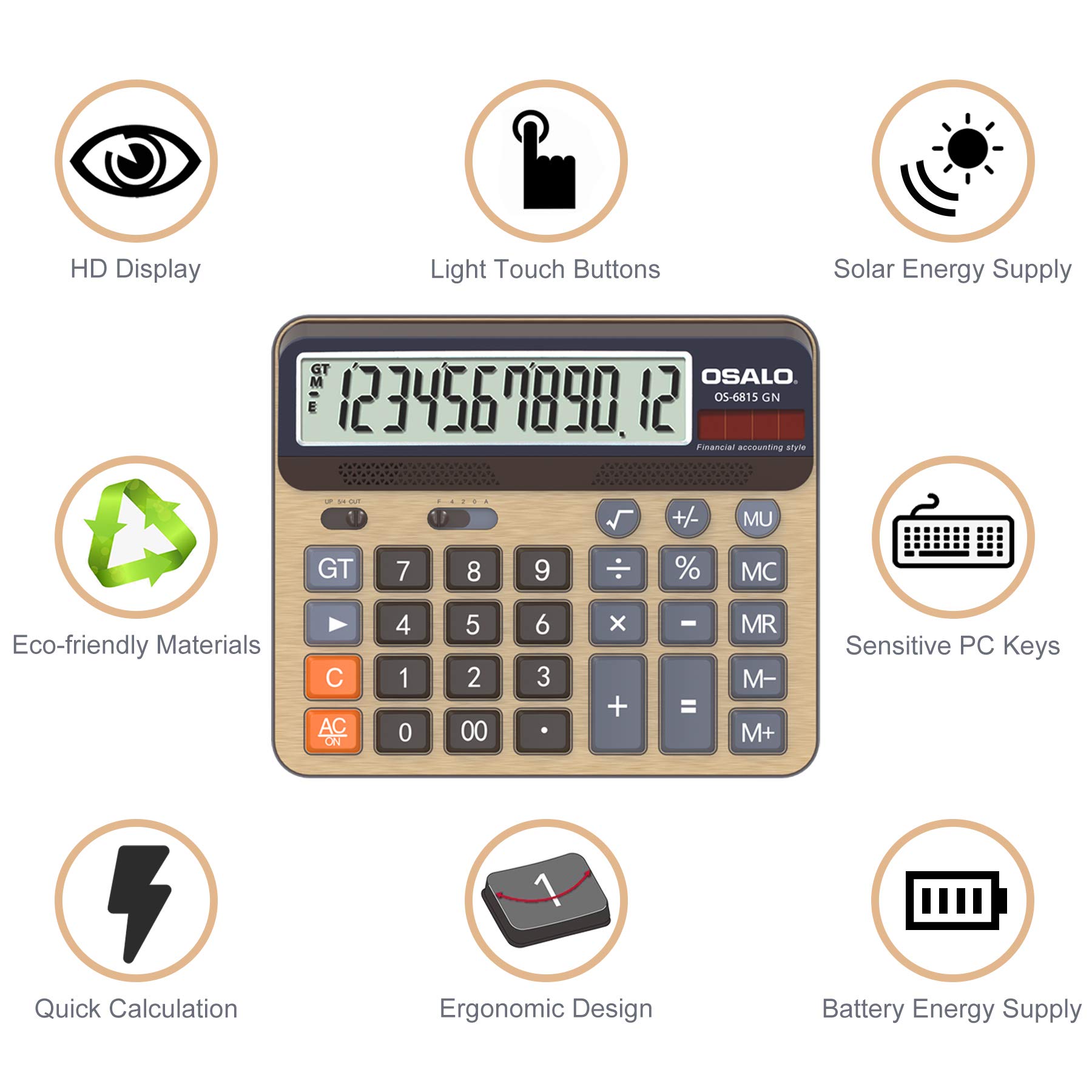 OSALO Desktop Calculator Large Display Big Buttons 12-Digit Calculator (OS-6815GN), Brown - Large Size - Image 3