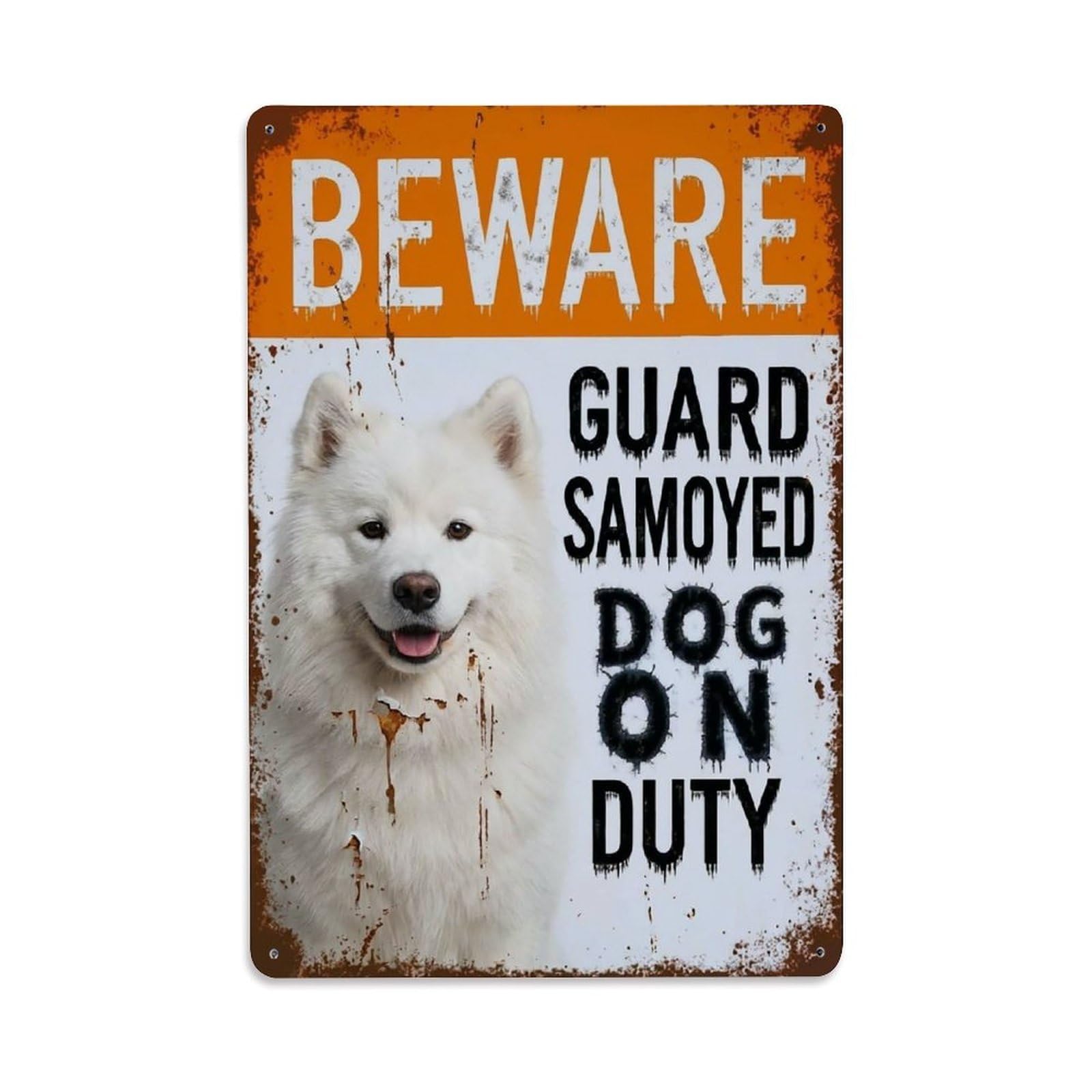 Vintage Funny Samoyed Guard Beware of Dog Balcony Metal Tin Sign Plaque Wall Decor for Cafe, Club Bar, Office, Garden Metal Poster 8x12Inch