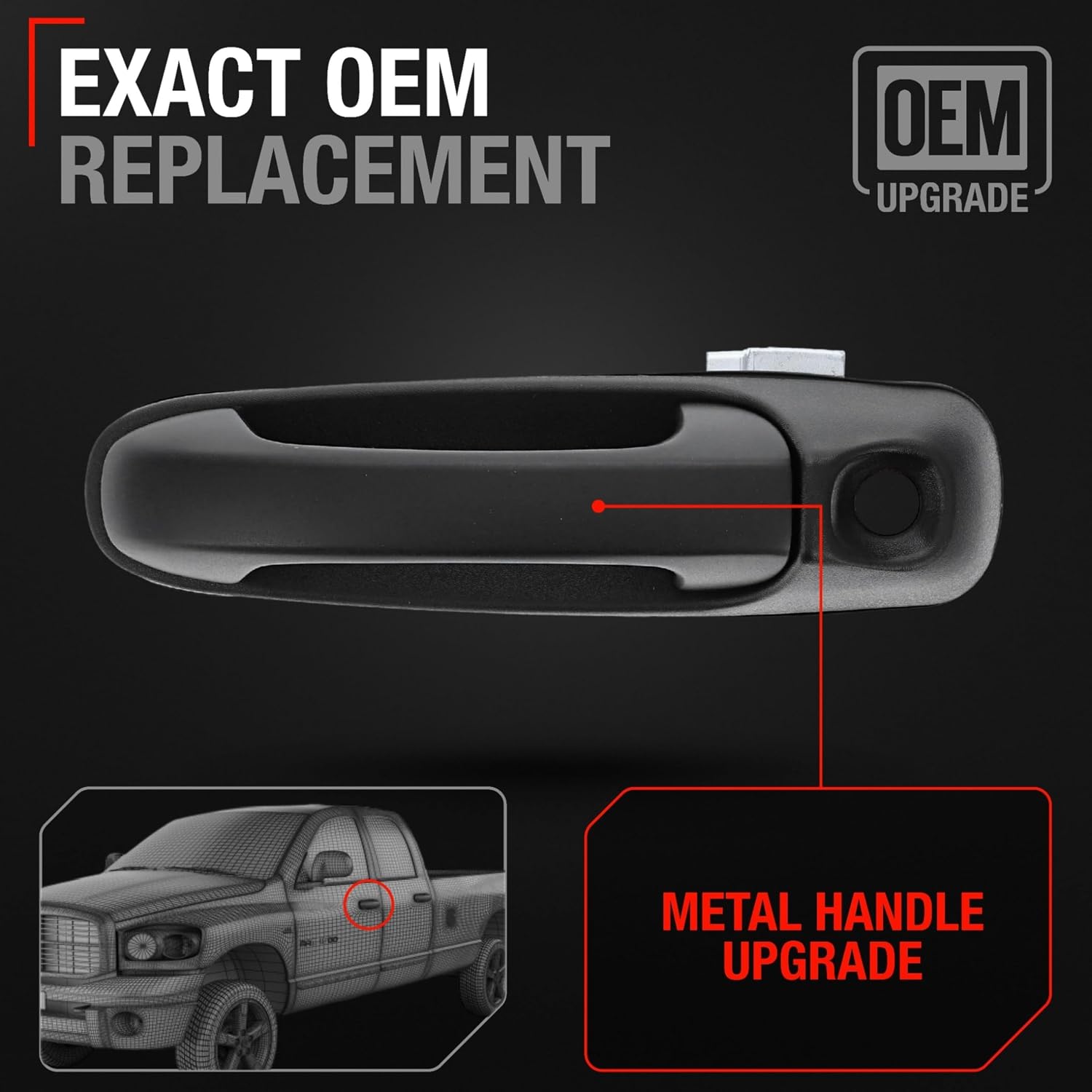 T1A Exterior Front Driver Door Handle, Upgraded Metal - Compatible with 2002-2010 Dodge Ram 1500 2500 3500 4500 5500 Dakota Durango; Mitsubishi Raider - Textured Black w/Keyhole - OEM 55275949AB-MT