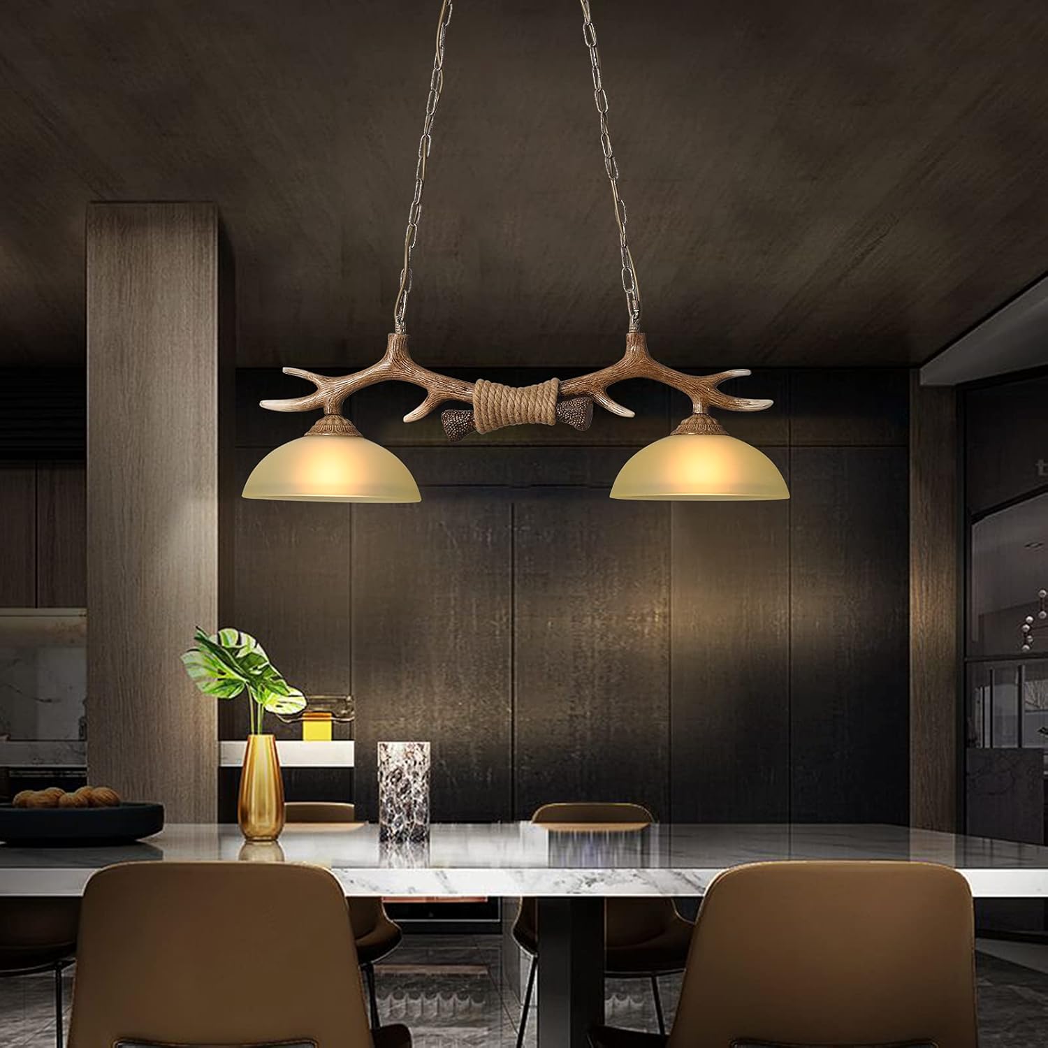 Retro Deer Horn Chandelier, Resin Pendant Light Antler Hanging Ceiling Lamp Fixture 2 Light Sunset Glass Shades Vintage Style Chandelier for Living Room Bar Cafe Dining Room Indoor Decorative