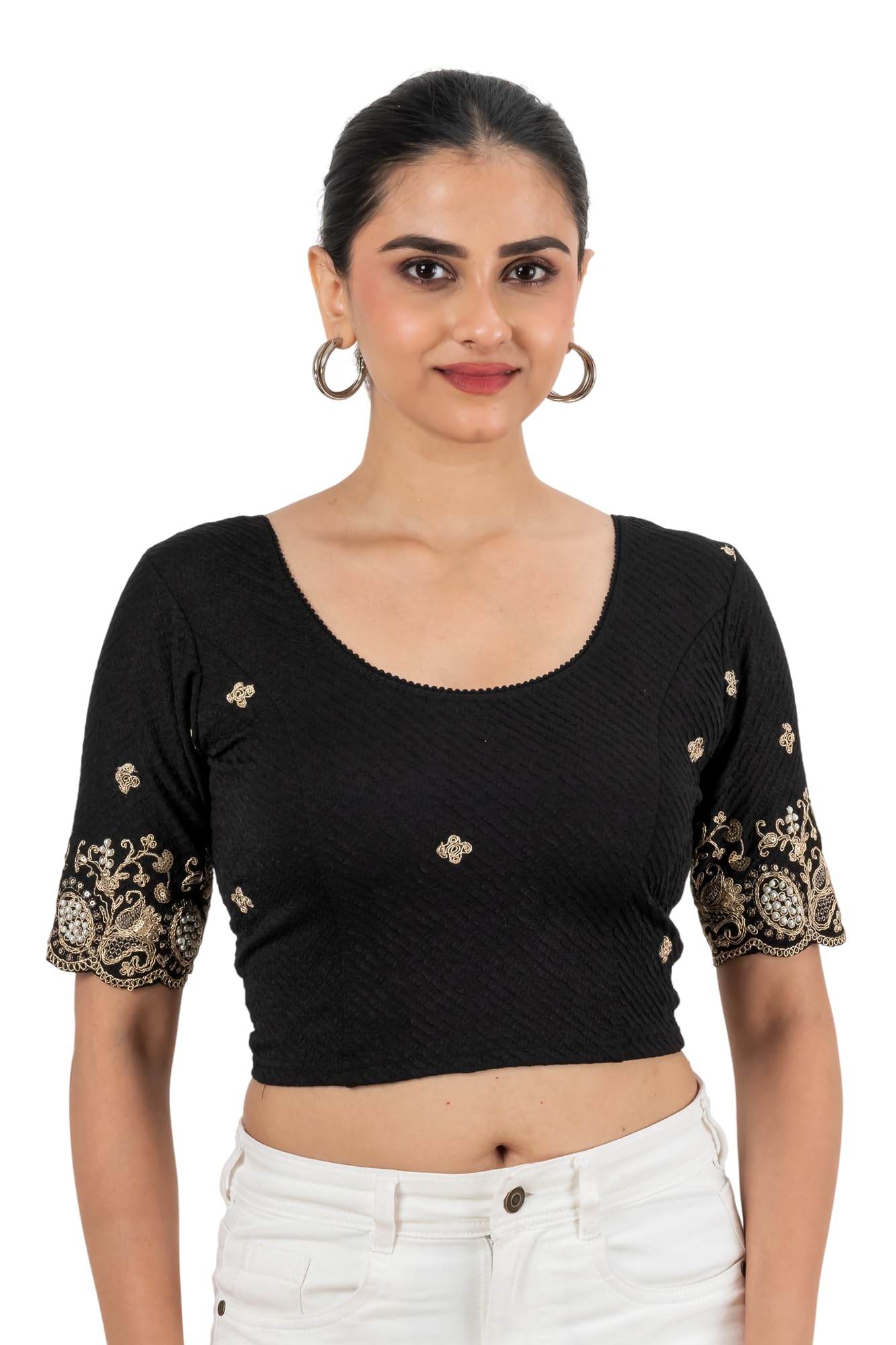 AANGI Women's Stretchable Lycra Saree Blouse with Moti Sequence Zari Embroidery | Readymade Elbow Sleeve Ethnic Blouse for Saree, Lehenga