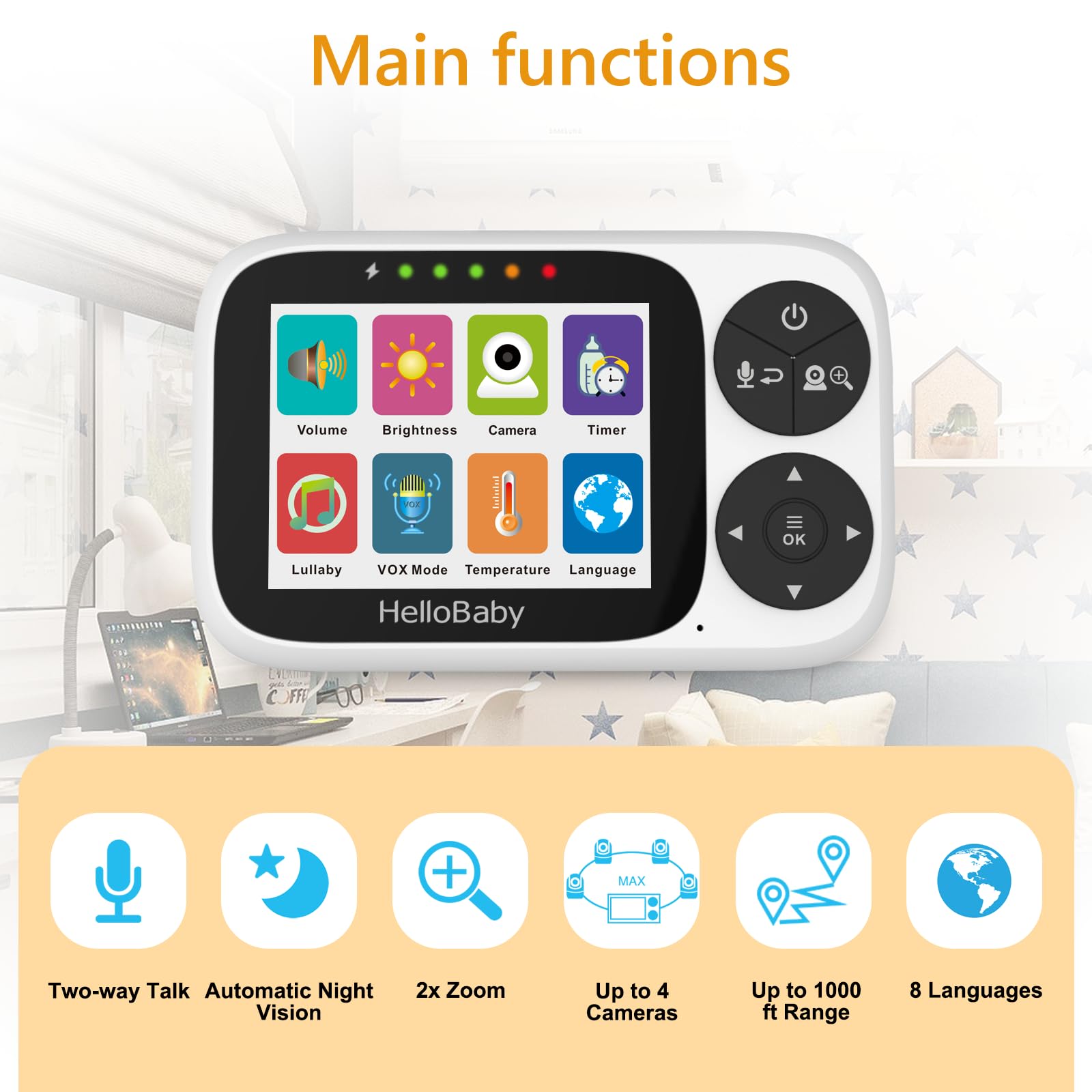 HelloBaby Babyphone mit Kamera, Ohne WLAN, 3,2-Zoll-IPS-Bildschirm, Nachtsicht, Schwenken, Neigen, Zoomen, Temperaturüberwachung, 2-Wege-Audio, Schlaflied, Fütterungsalarm