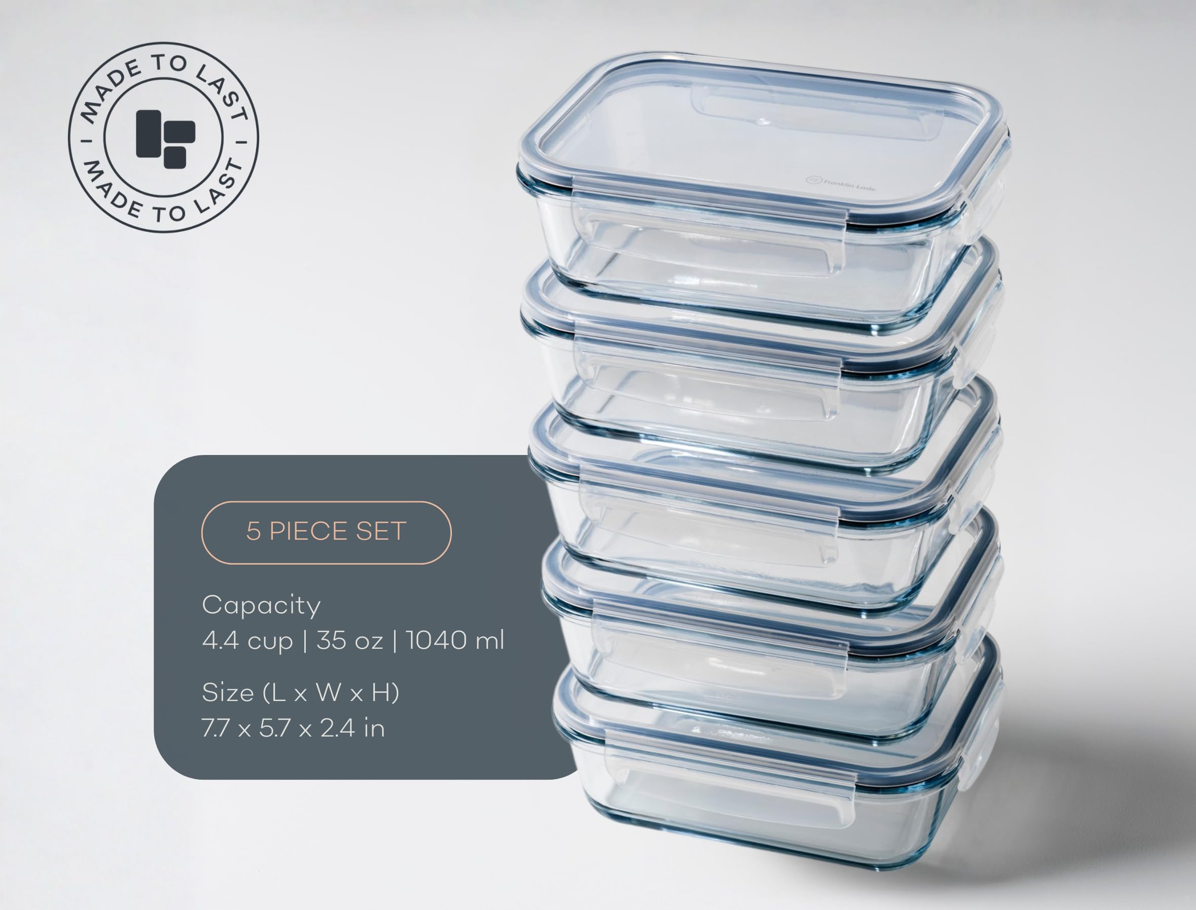 Set 5 Recipientes Vidrio Almacenaje Alimentos 860 ml| Tapas herméticas sin BPA + 3 sellos de silicona de repuesto | Fiambreras para Comida | Microondas, Horno, Congelador, Lavavajillas