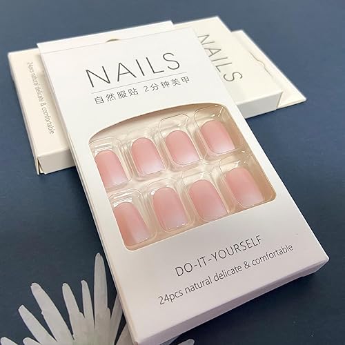Miniatura 5 de Kit de uñas postizas cuadradas cortas y degradadas, color rosa, brillantes, reutilizables, con pegamento, de ajuste natural, uñas acrílicas, para