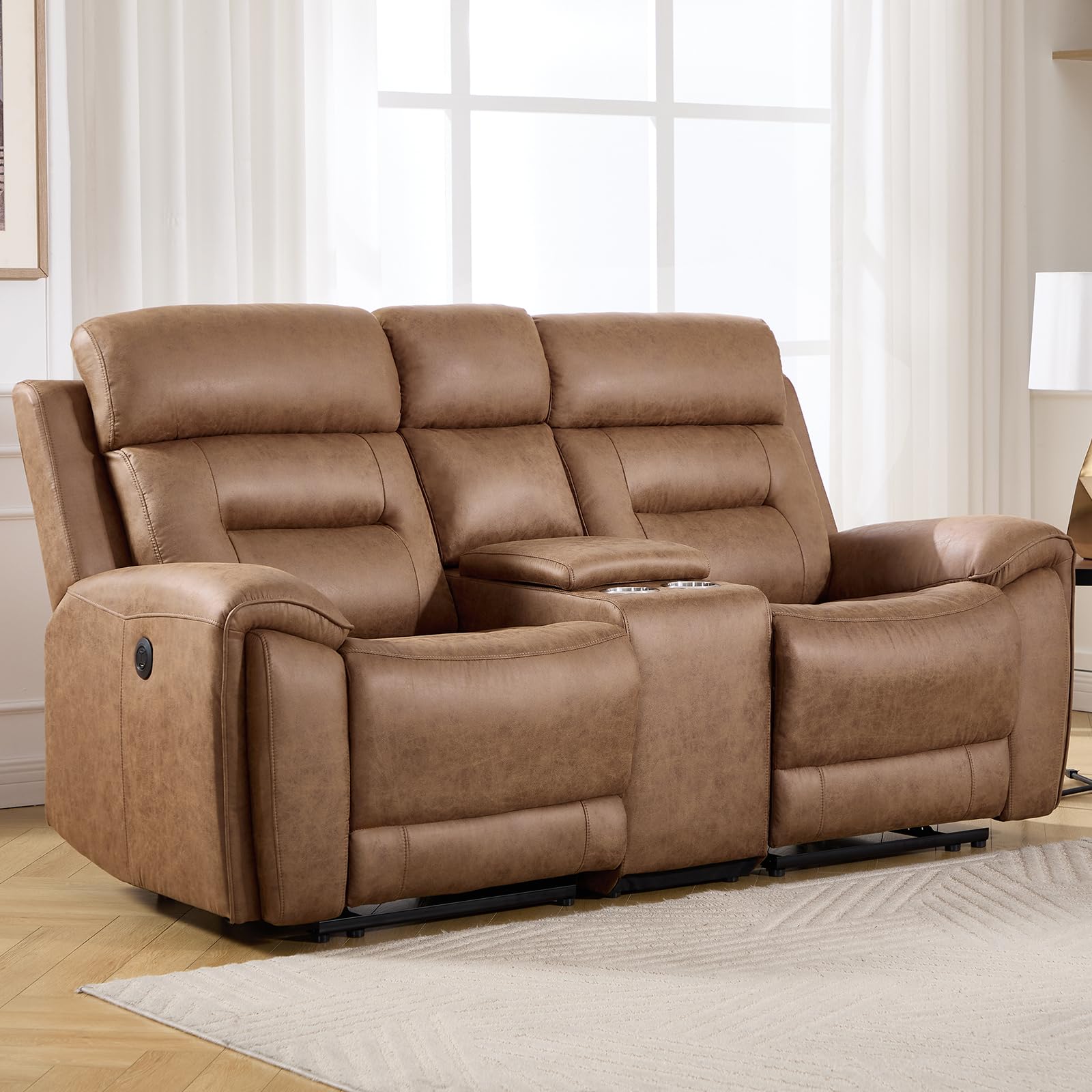 ANJ Power Reclining Loveseat Sofa with USB&amp;Type-C Charging Port, Breathable Faux Leather 2-Seater Electric Recliner Couch with Cup Holders &amp; Storage Console for Living Room, Brown