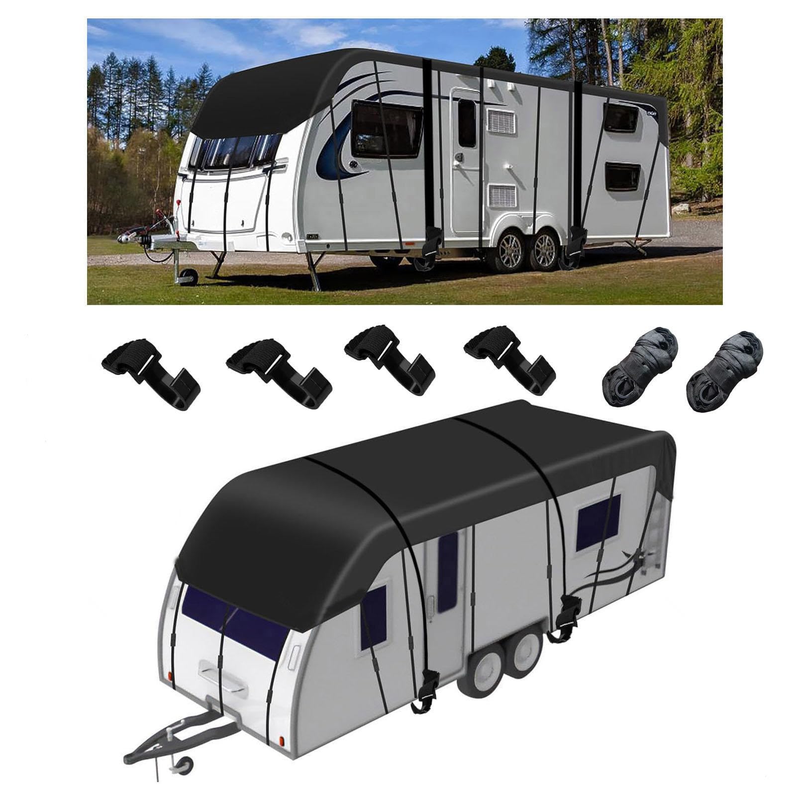 Extra breit 3,3 Meter Wohnmobil Abdeckplane 210D Oxford-Gewebe Deichselabdeckung Wohnwagen Geeignet für Jede Jahreszeit Und Jedes Klima （mit 2 x 10 m zusätzlichen Gurten）,Schwarz-12x3.3m